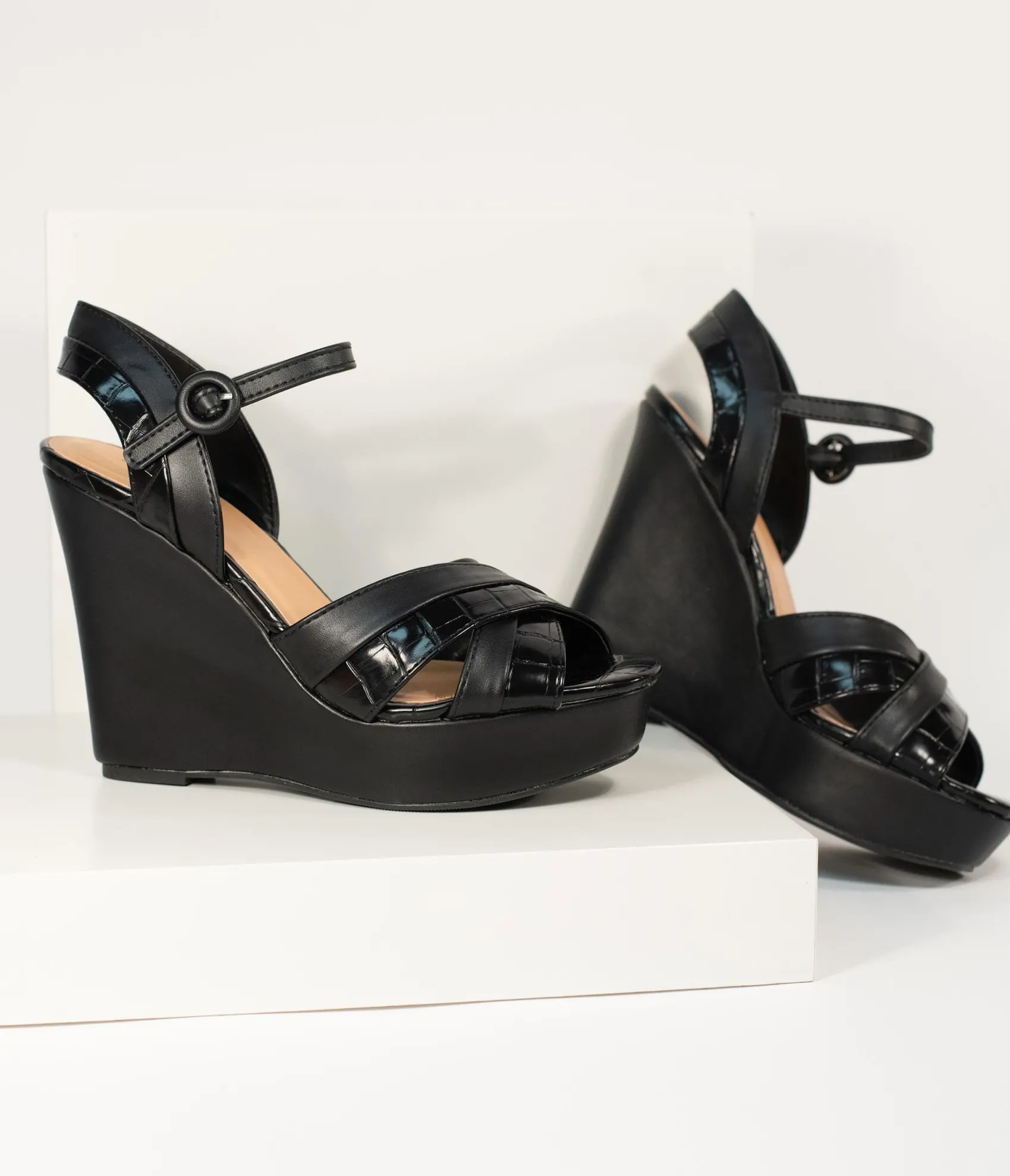 Unique Vintage Black Crocodile Embossed Cross Wedge Sandals Discount