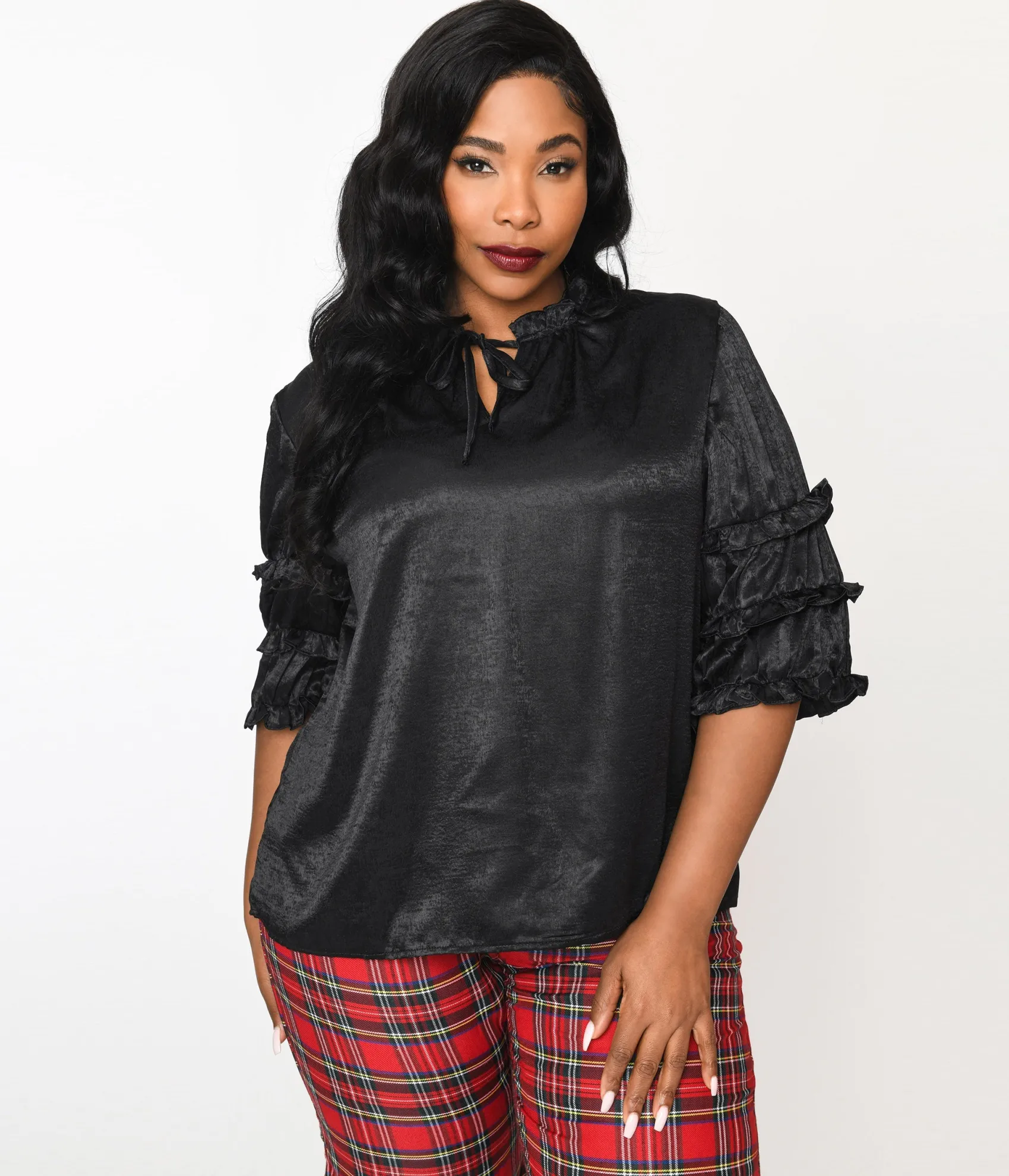 Unique Vintage Black Crushed Satin Ruffle Blouse Fashion