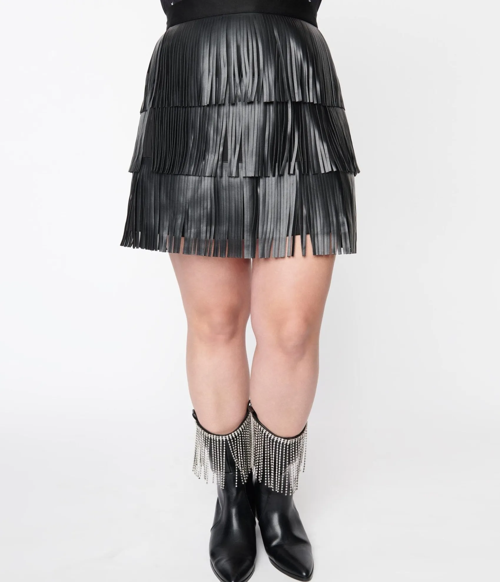 Unique Vintage Black Faux Leather Fringe Mini Skirt Shop