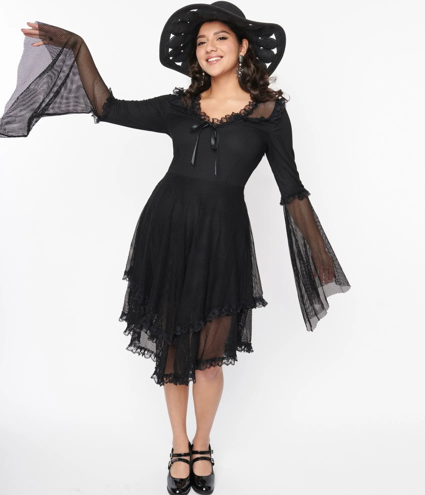 Unique Vintage Black Fishnet Frill Flare Dress Best Sale