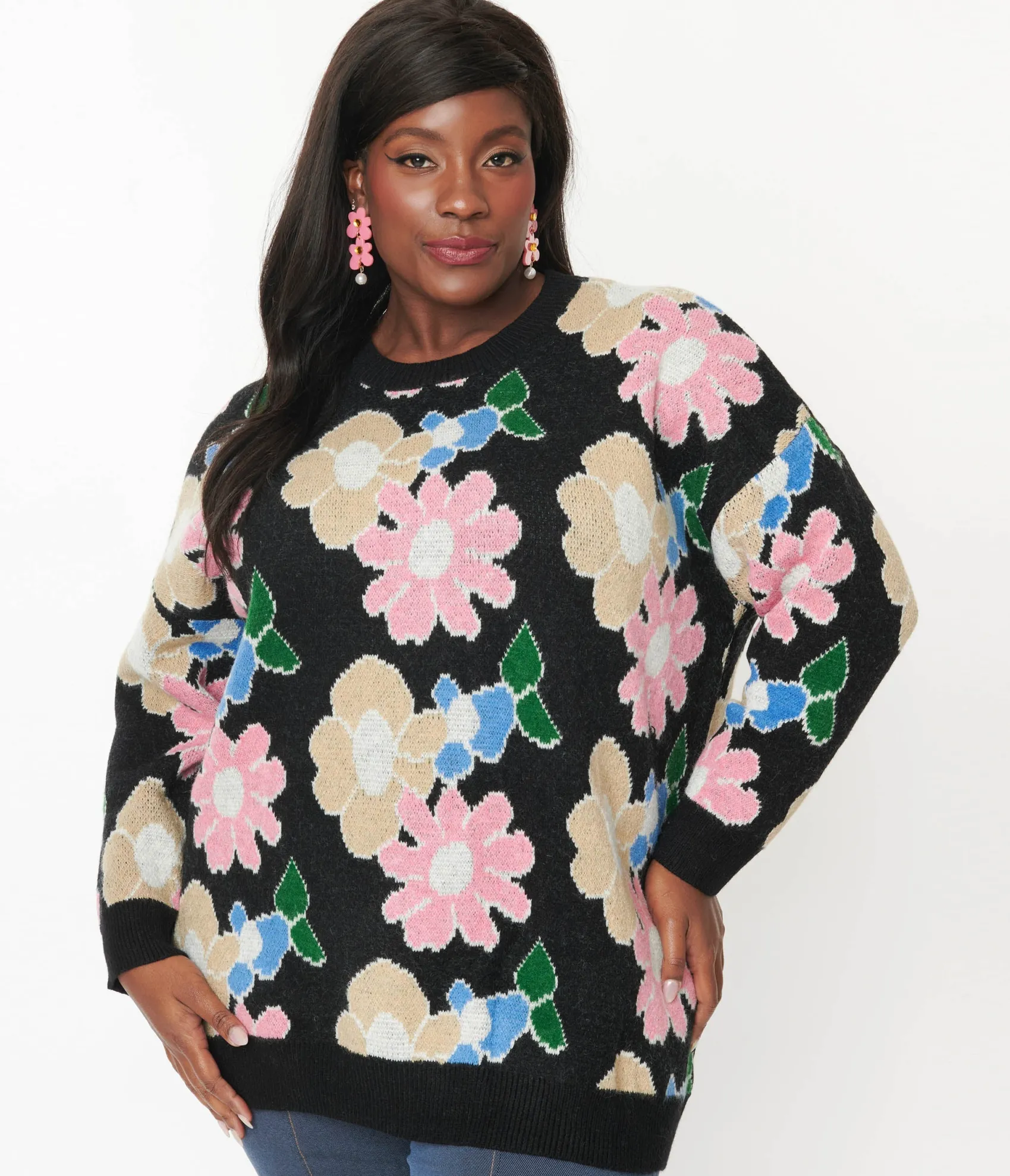 Unique Vintage Black Floral Pullover Sweater Outlet