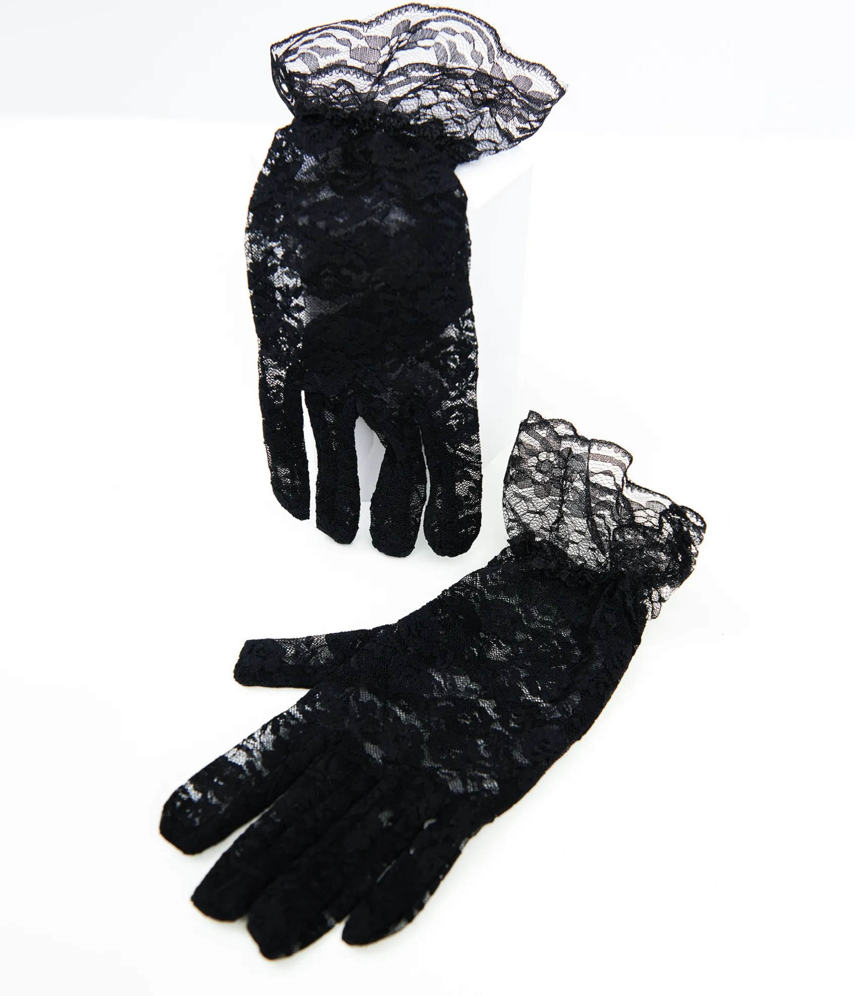 Unique Vintage Black Lace Ruffle Gloves Clearance