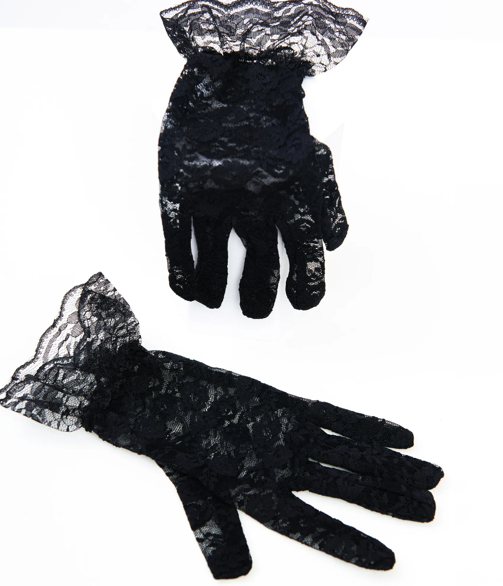 Unique Vintage Black Lace Ruffle Gloves Clearance