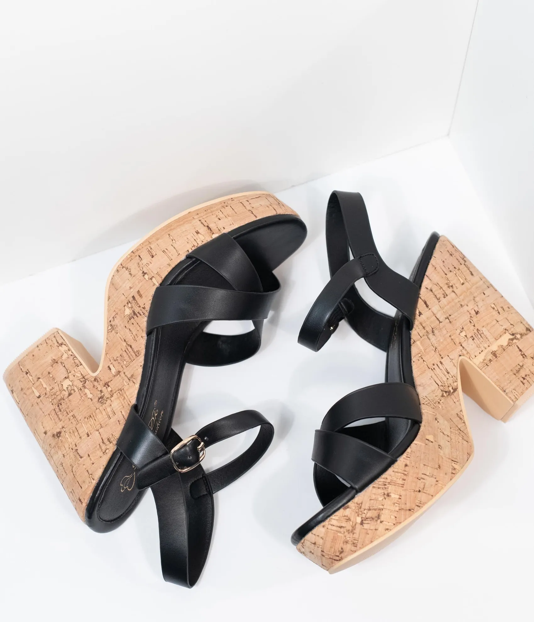 Unique Vintage Black Leatherette & Cork Stacked Platform Heels Fashion