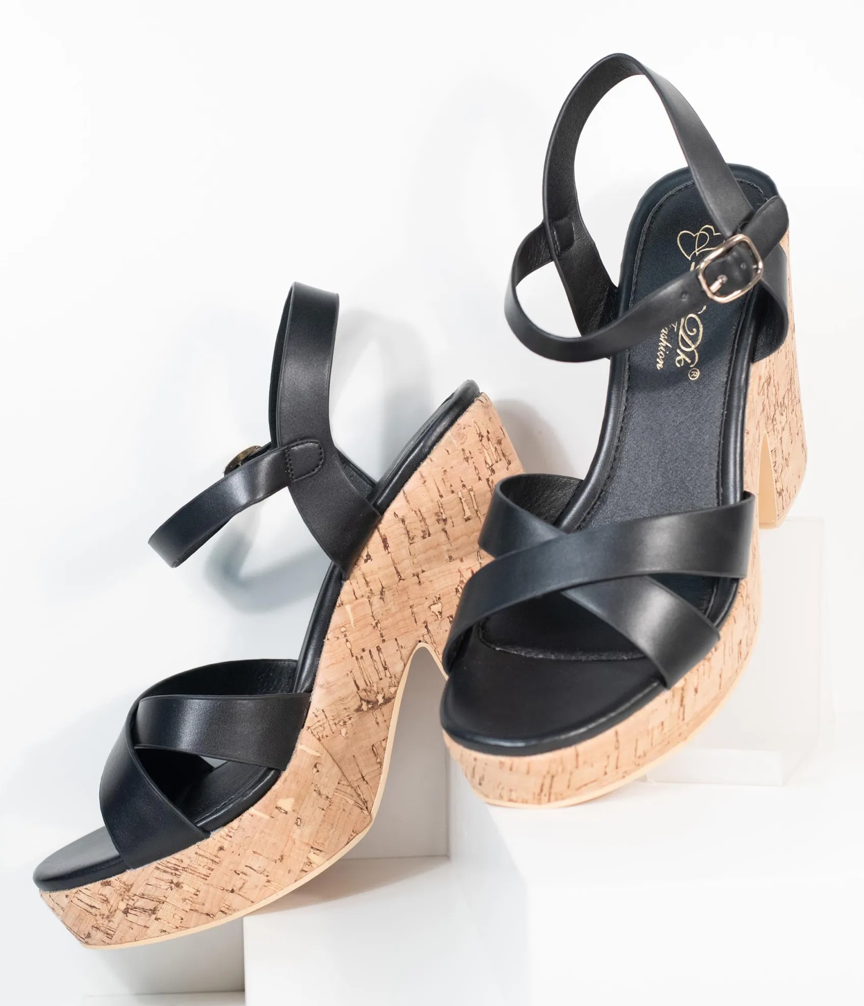 Unique Vintage Black Leatherette & Cork Stacked Platform Heels Fashion