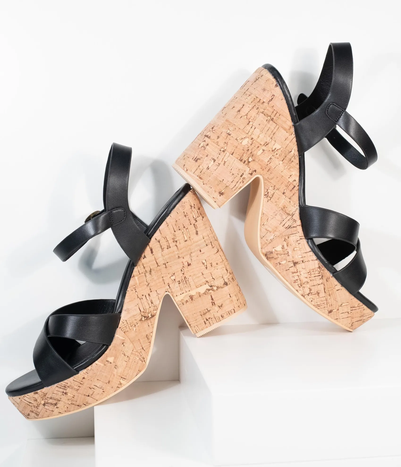 Unique Vintage Black Leatherette & Cork Stacked Platform Heels Fashion