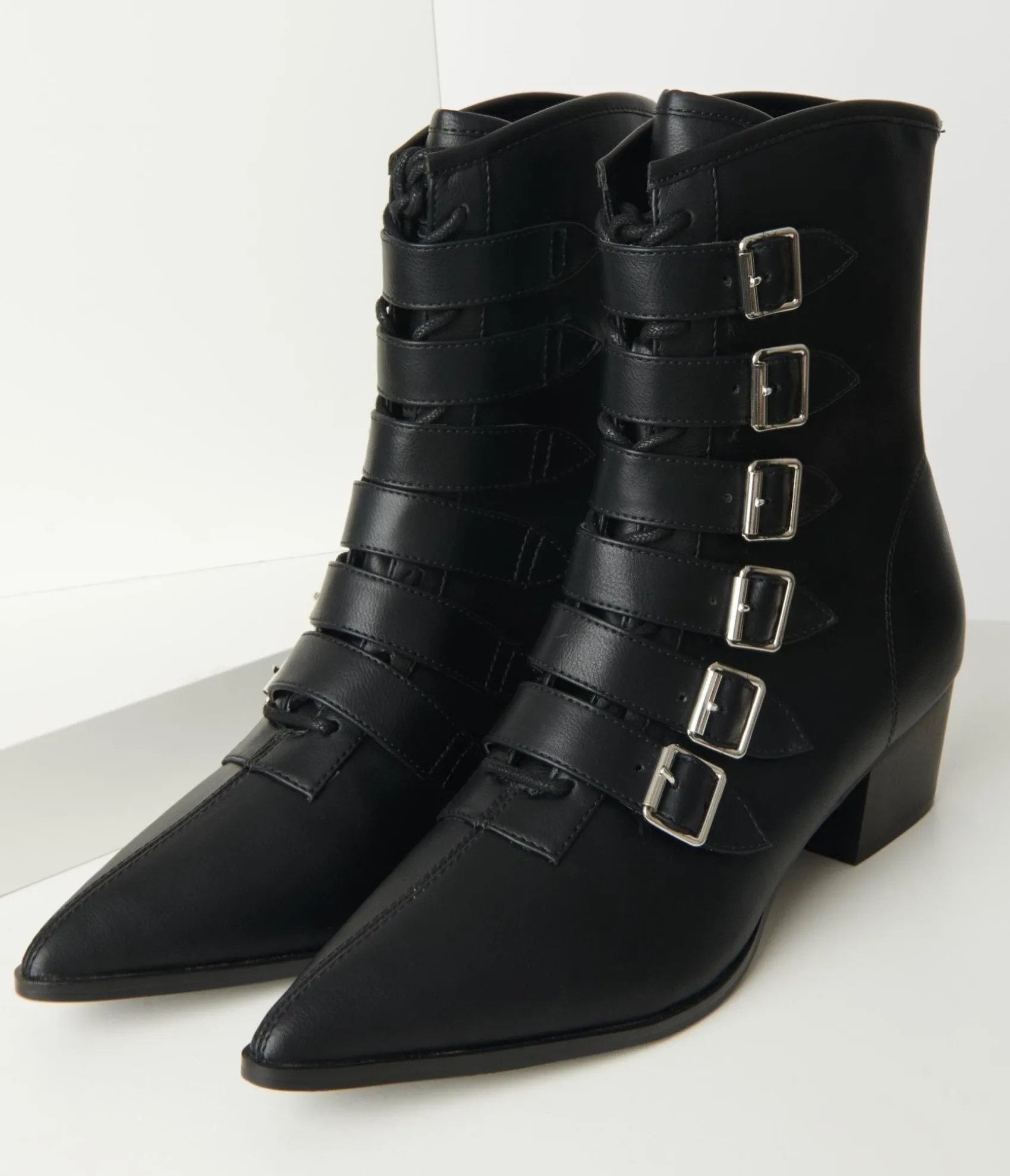Unique Vintage Black Leatherette Buckle Coven Boots Shop