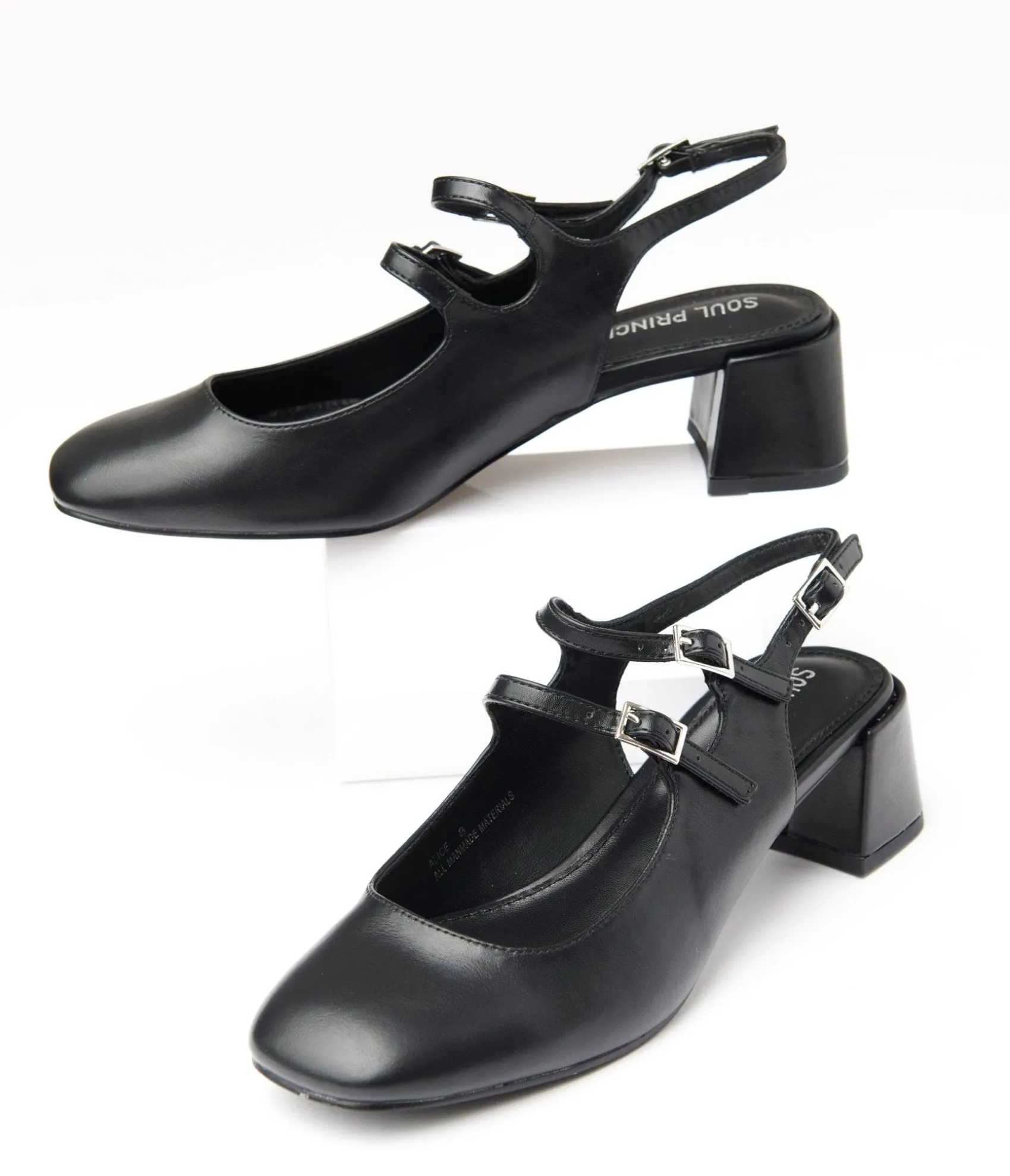 Unique Vintage Black Leatherette Double Strap Mary Jane Slingback Heels Sale
