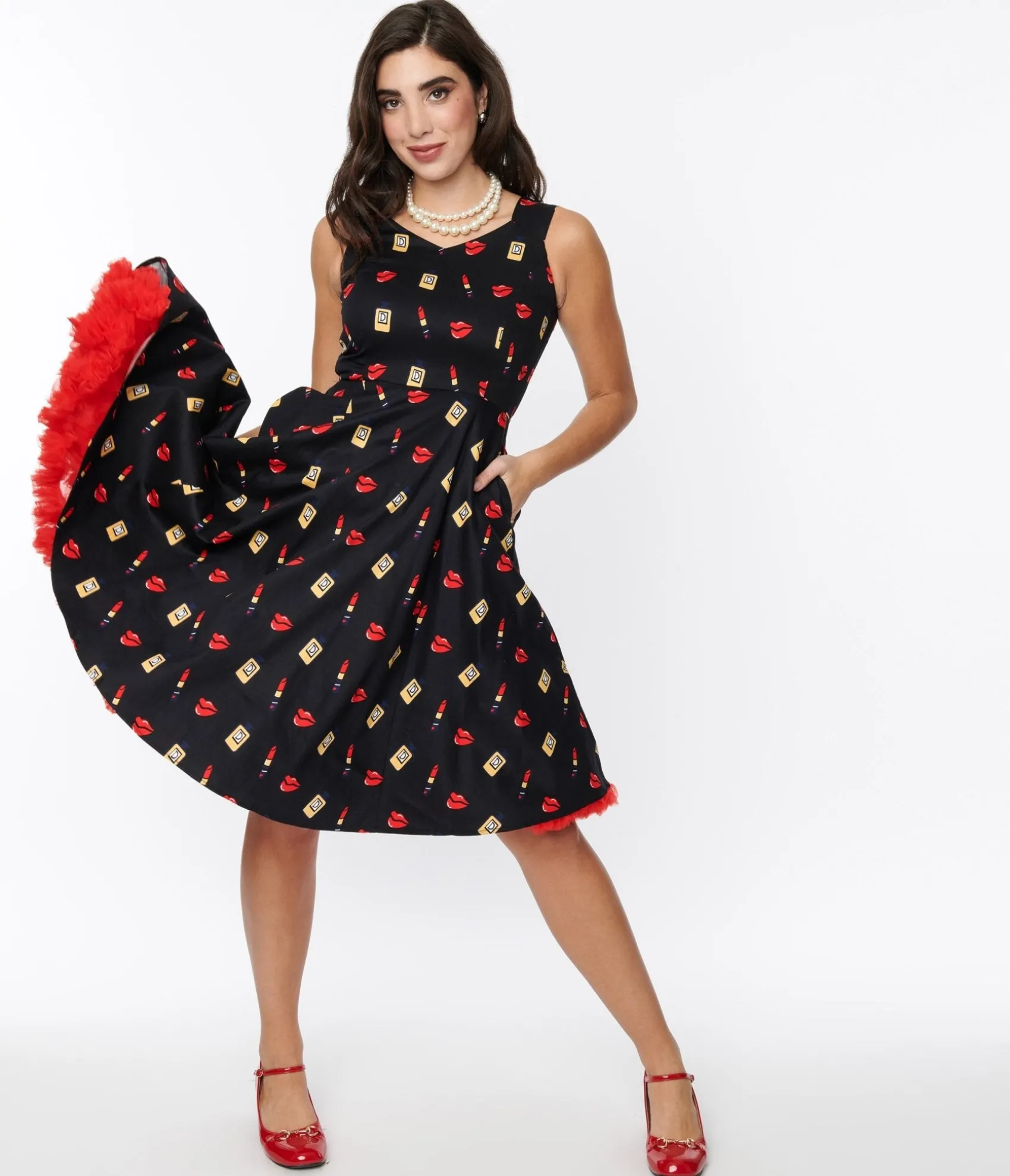 Unique Vintage Black Makeup Print Swing Dress Sale
