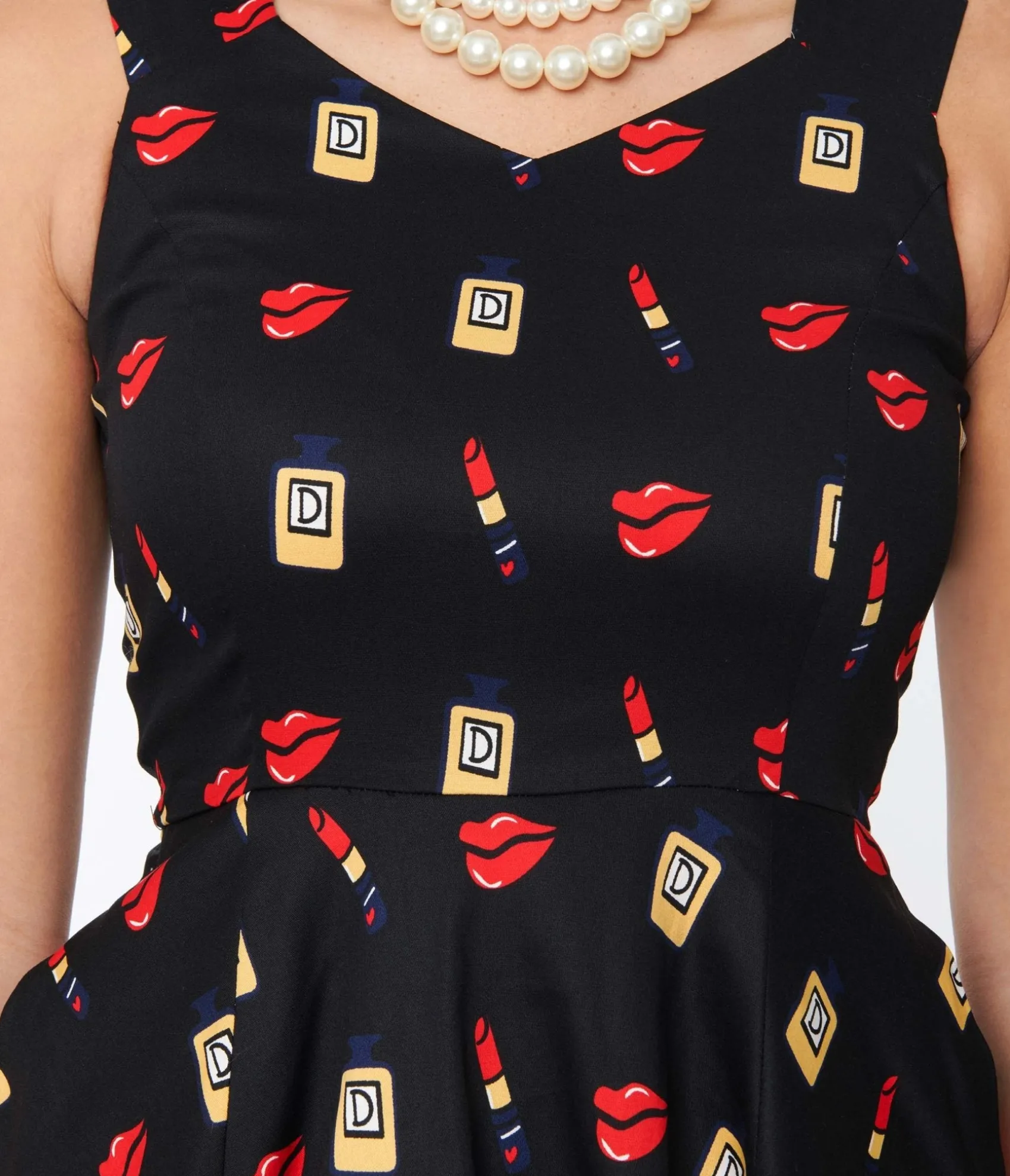 Unique Vintage Black Makeup Print Swing Dress Sale