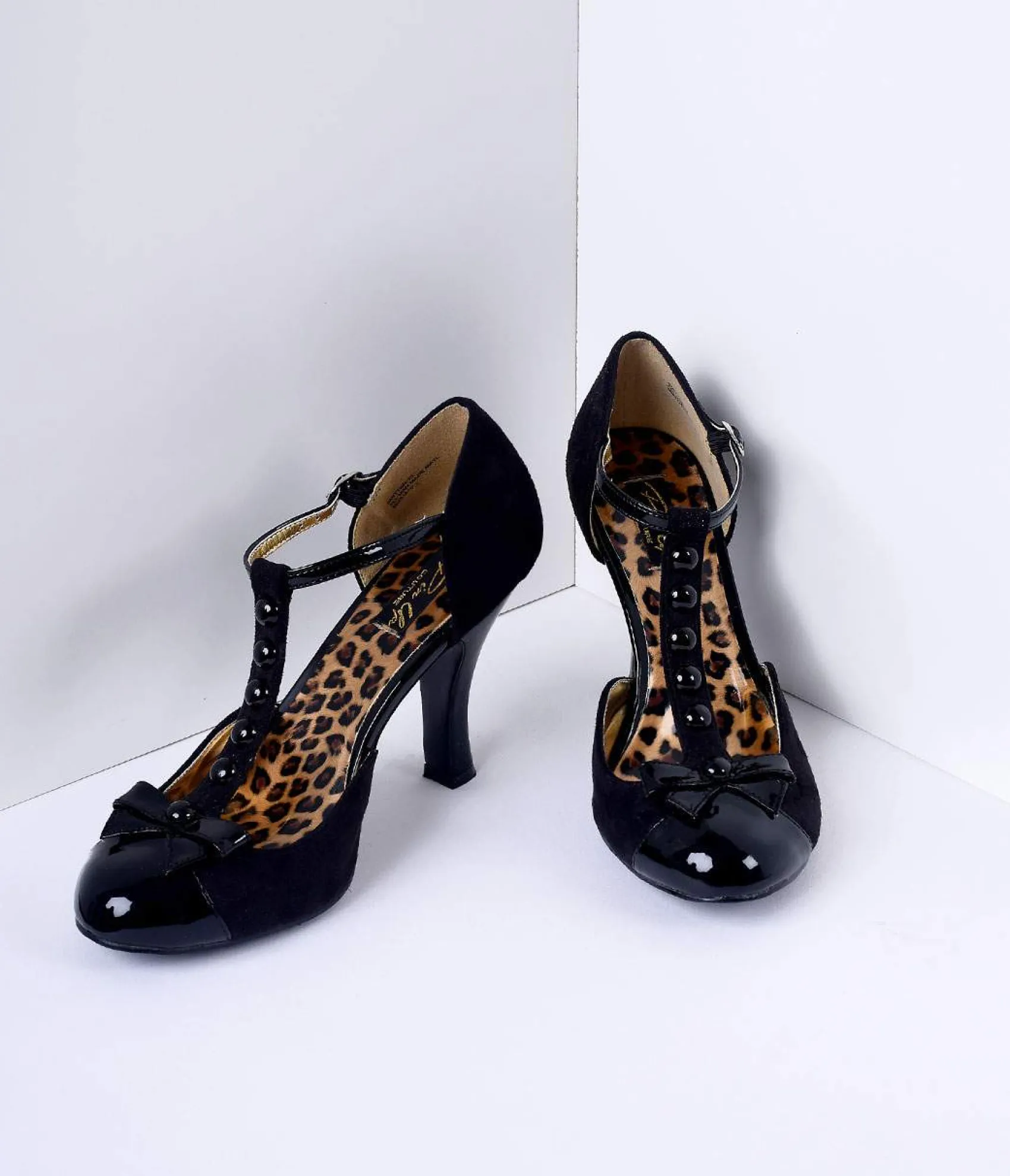 Unique Vintage Black Microsuede Button Up T-Strap Heels Cheap