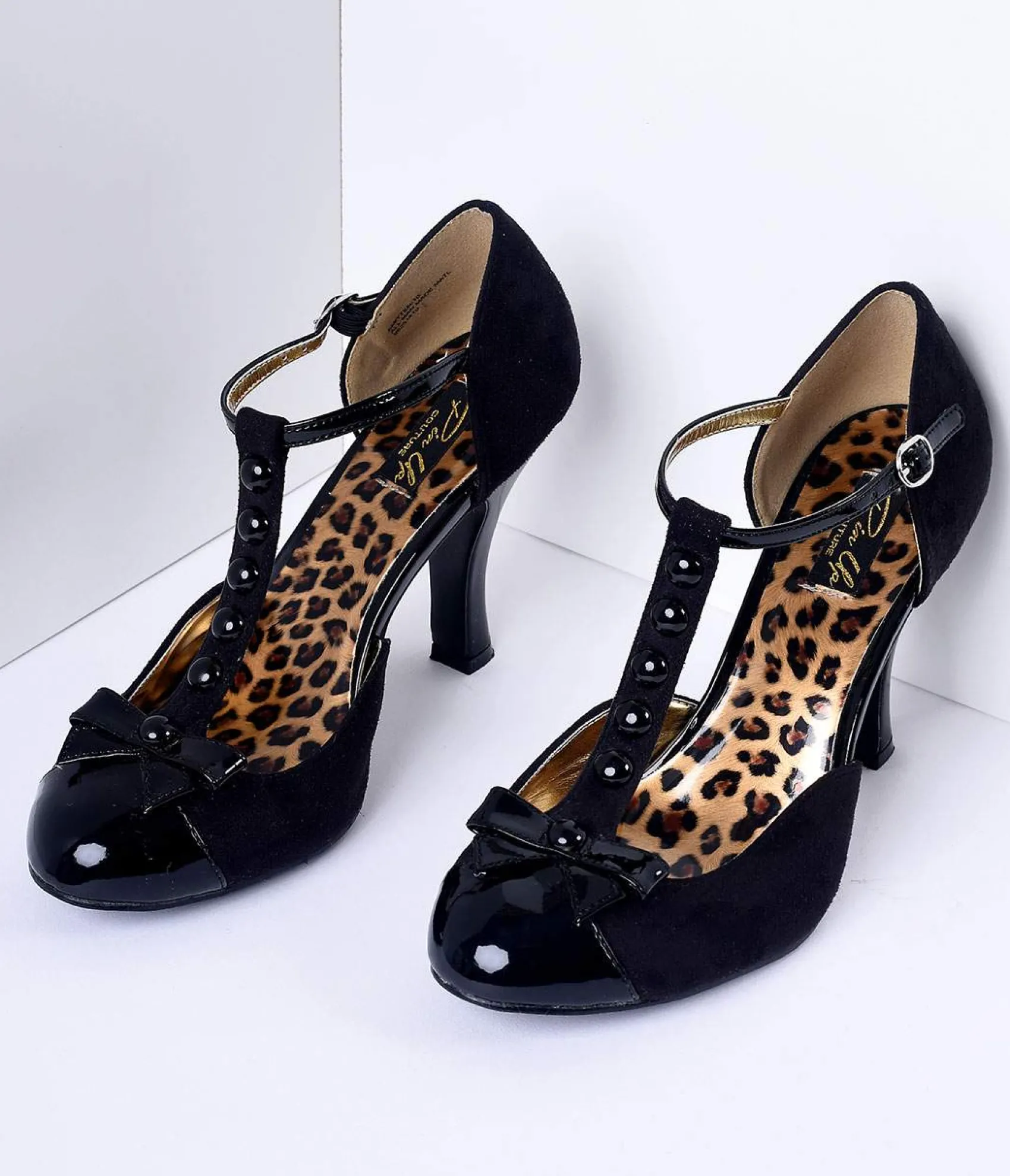 Unique Vintage Black Microsuede Button Up T-Strap Heels Cheap