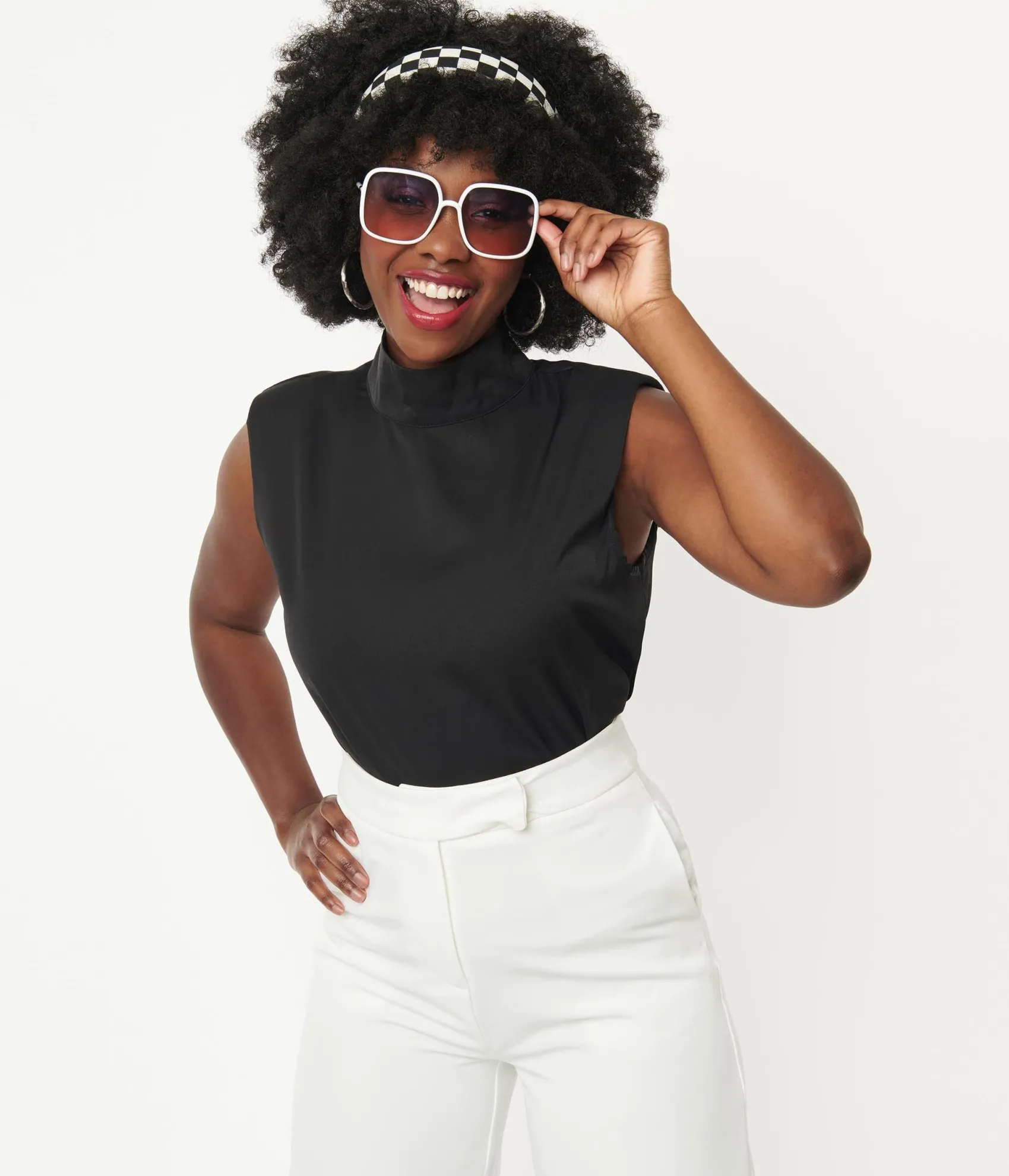Unique Vintage Black Mock Turtleneck Sleeveless Blouse Fashion