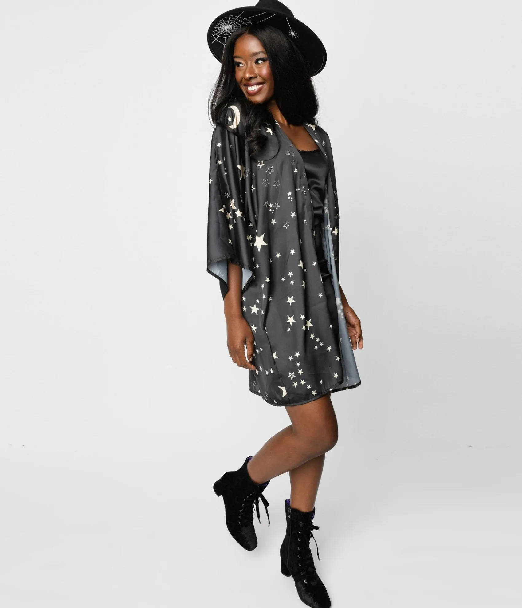 Unique Vintage Black Moon & Stars Celestial Witch Kimono Cheap