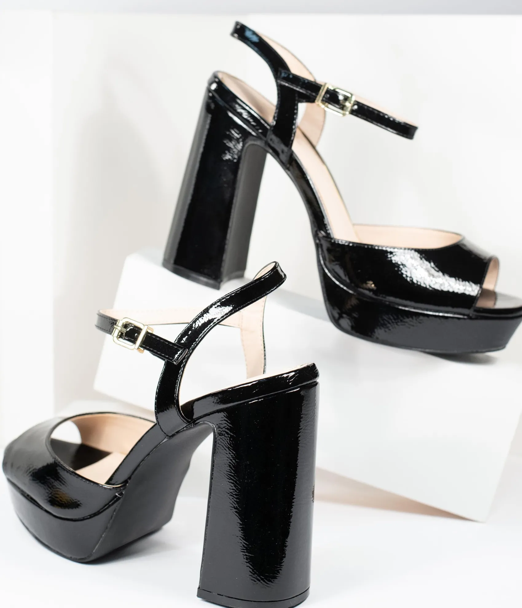 Unique Vintage Black Patent Leatherette Peep Toe Platforms Clearance