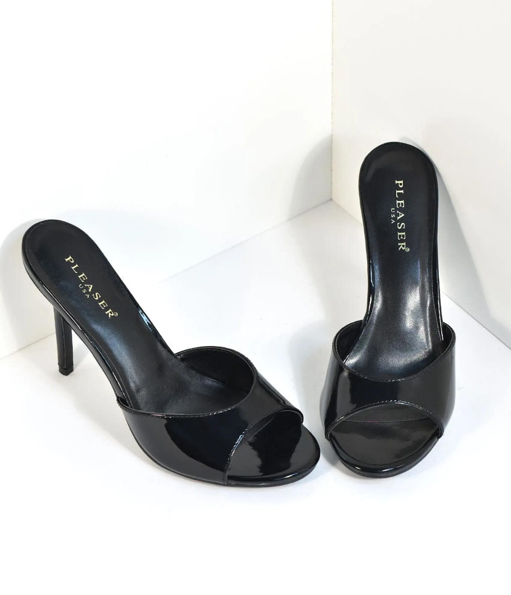 Unique Vintage Black Patent Leatherette Peep Toe Slip On Heels Fashion