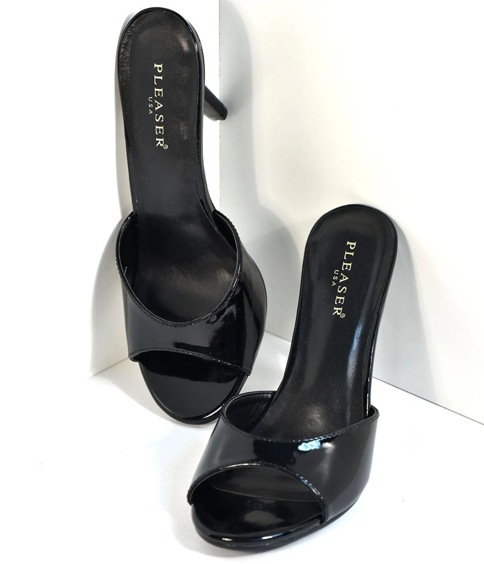 Unique Vintage Black Patent Leatherette Peep Toe Slip On Heels Fashion