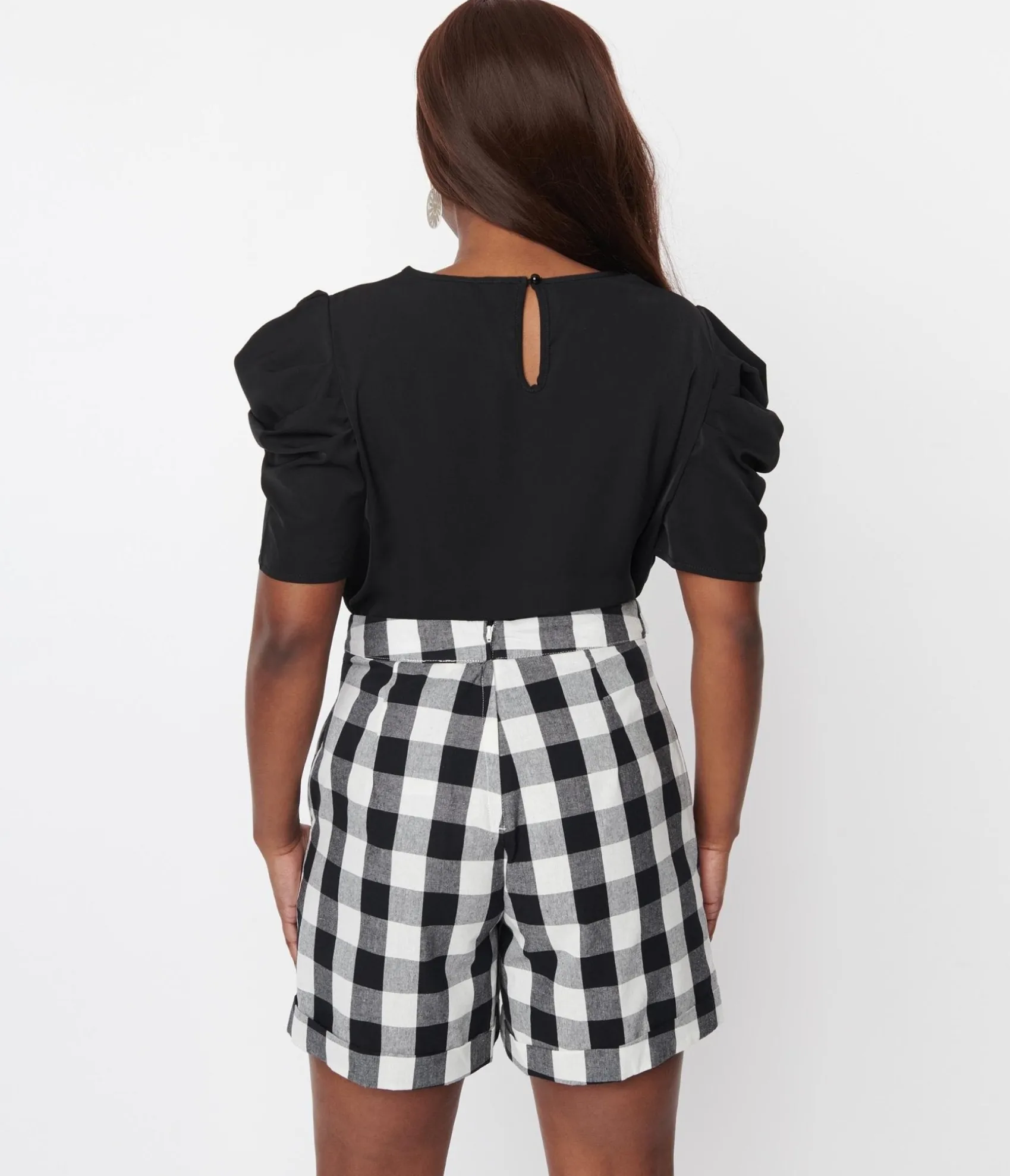 Unique Vintage Black Peek A Boo Puff Sleeve Blouse Cheap
