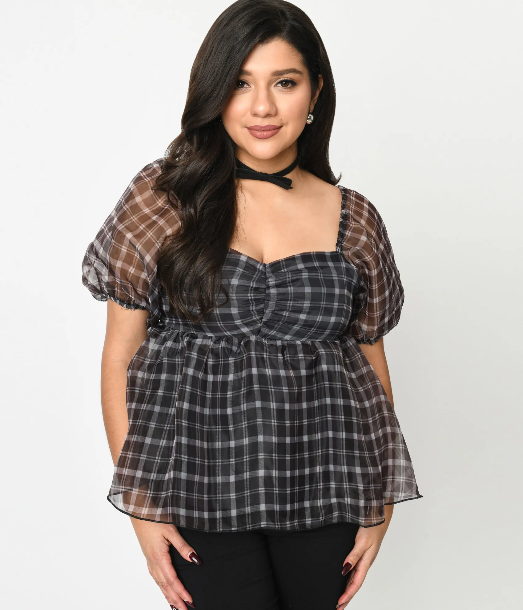 Unique Vintage Black Plaid Babydoll Blouse Outlet