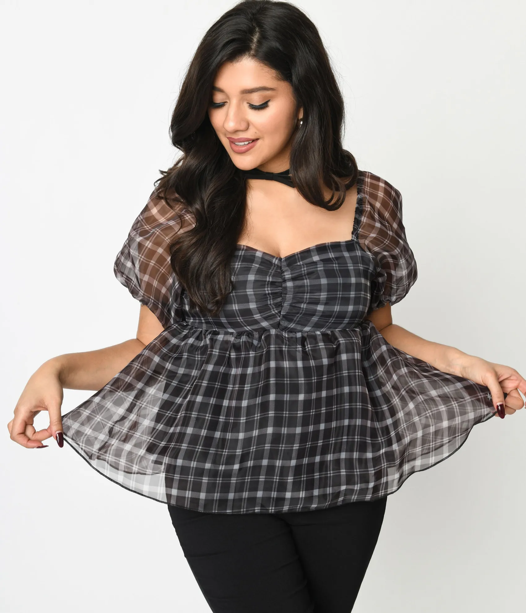 Unique Vintage Black Plaid Babydoll Blouse Outlet