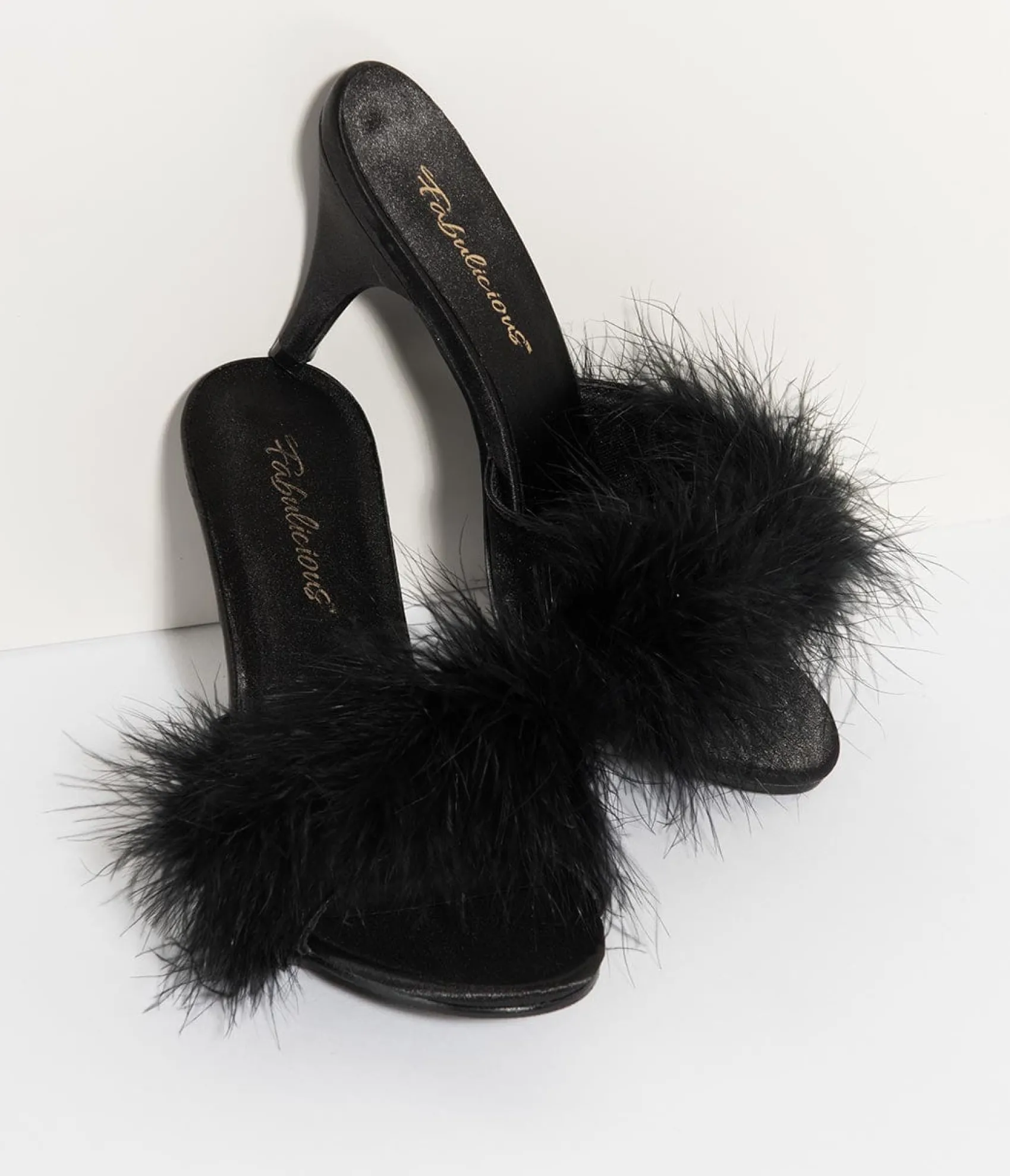 Unique Vintage Black Satin & Marabou Feather Peep Toe Amour Heel Slipper Online