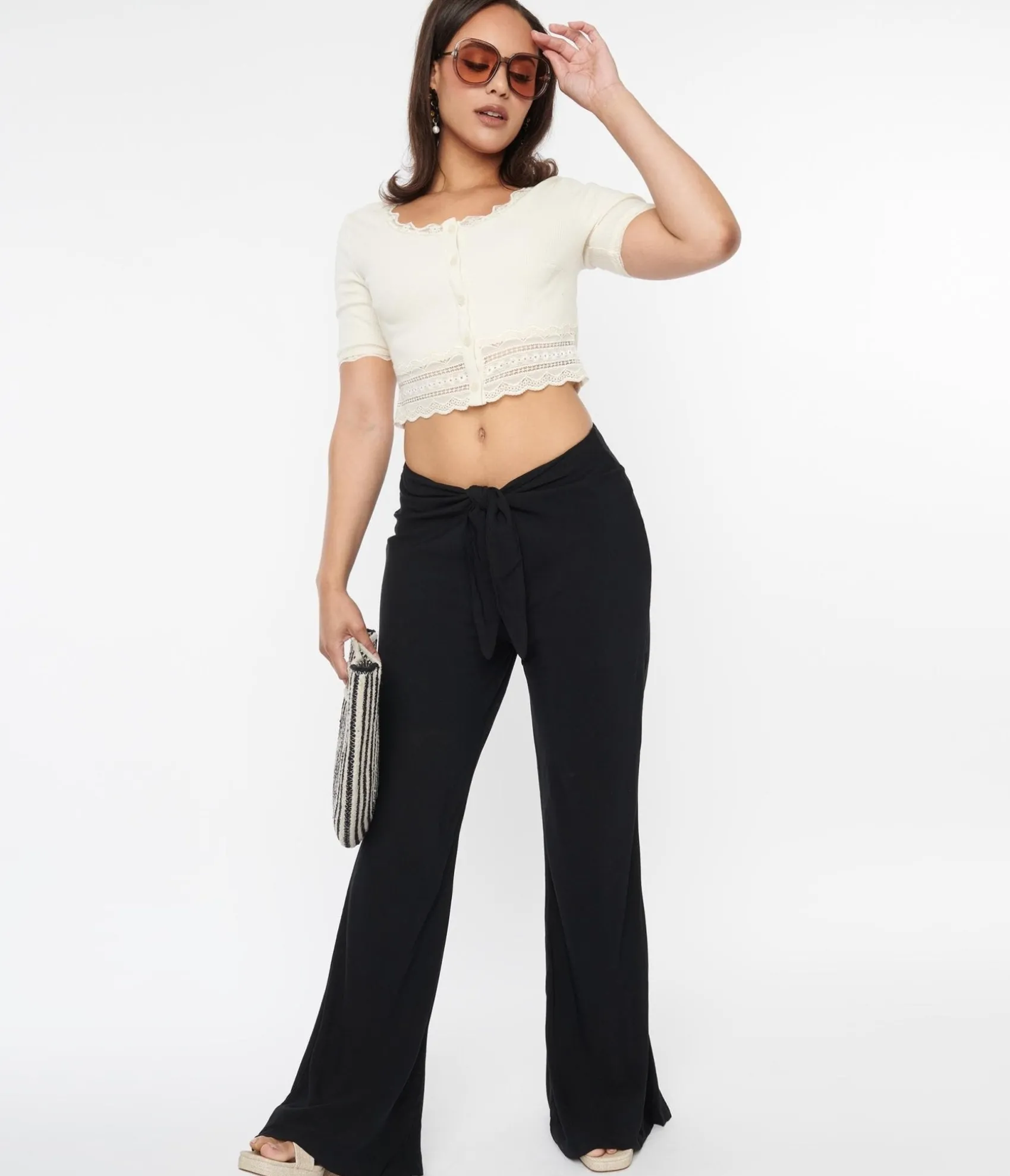 Unique Vintage Black Tie Front Flare Leg Pants Hot