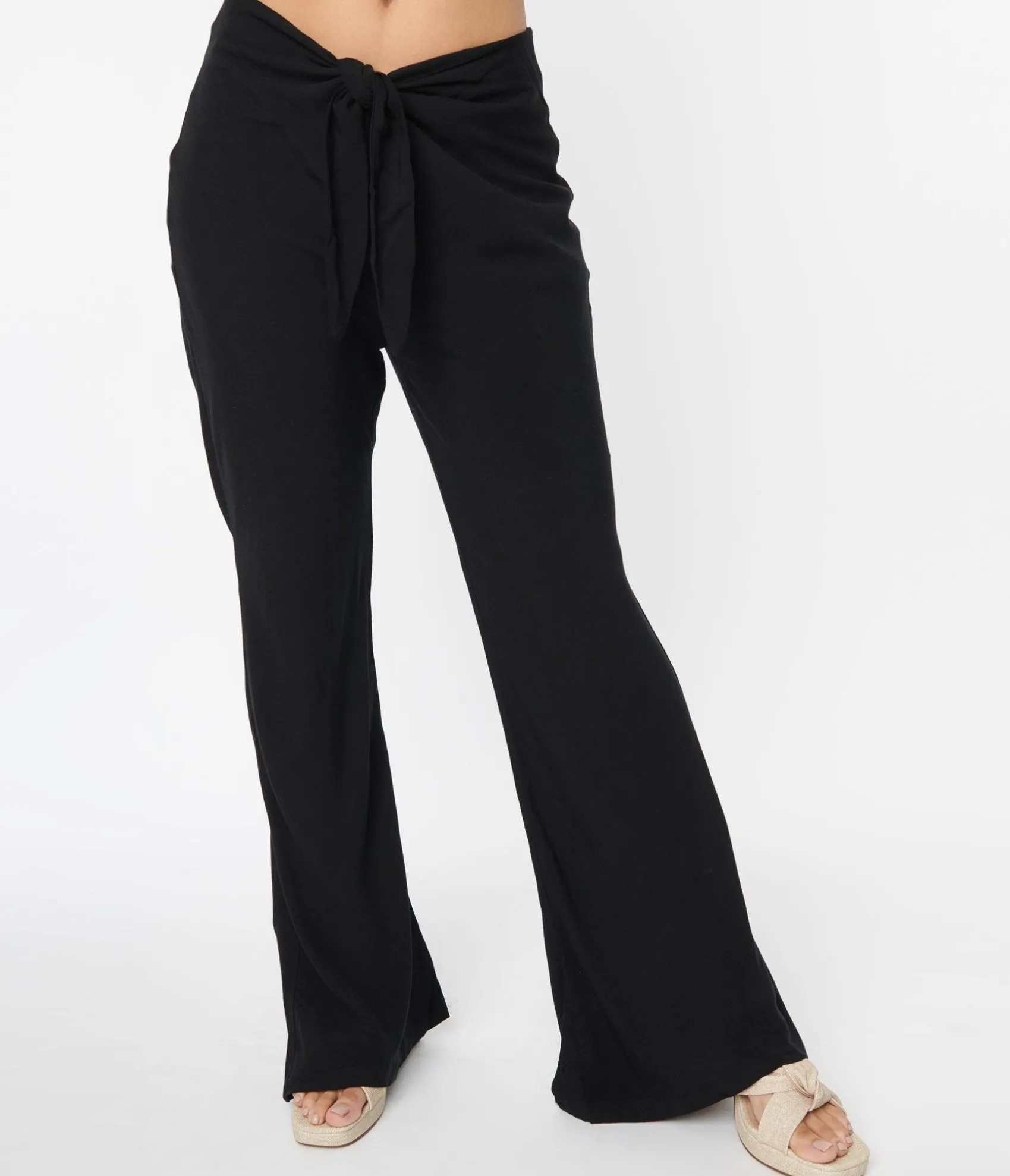 Unique Vintage Black Tie Front Flare Leg Pants Hot