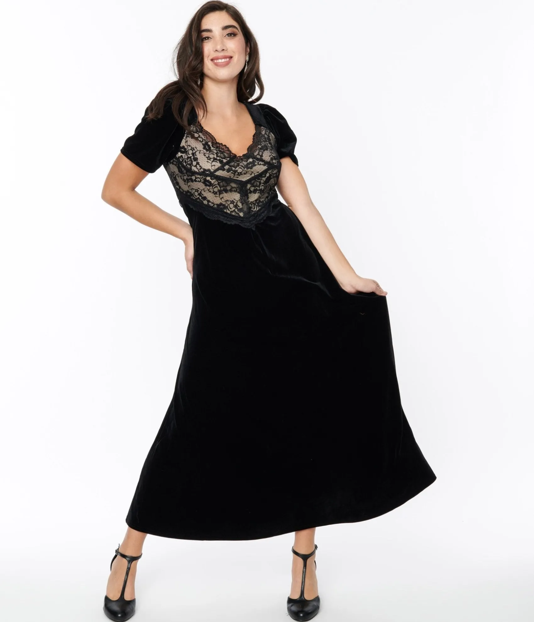 Unique Vintage Black Velvet & Cream Lace Maxi Dress Shop