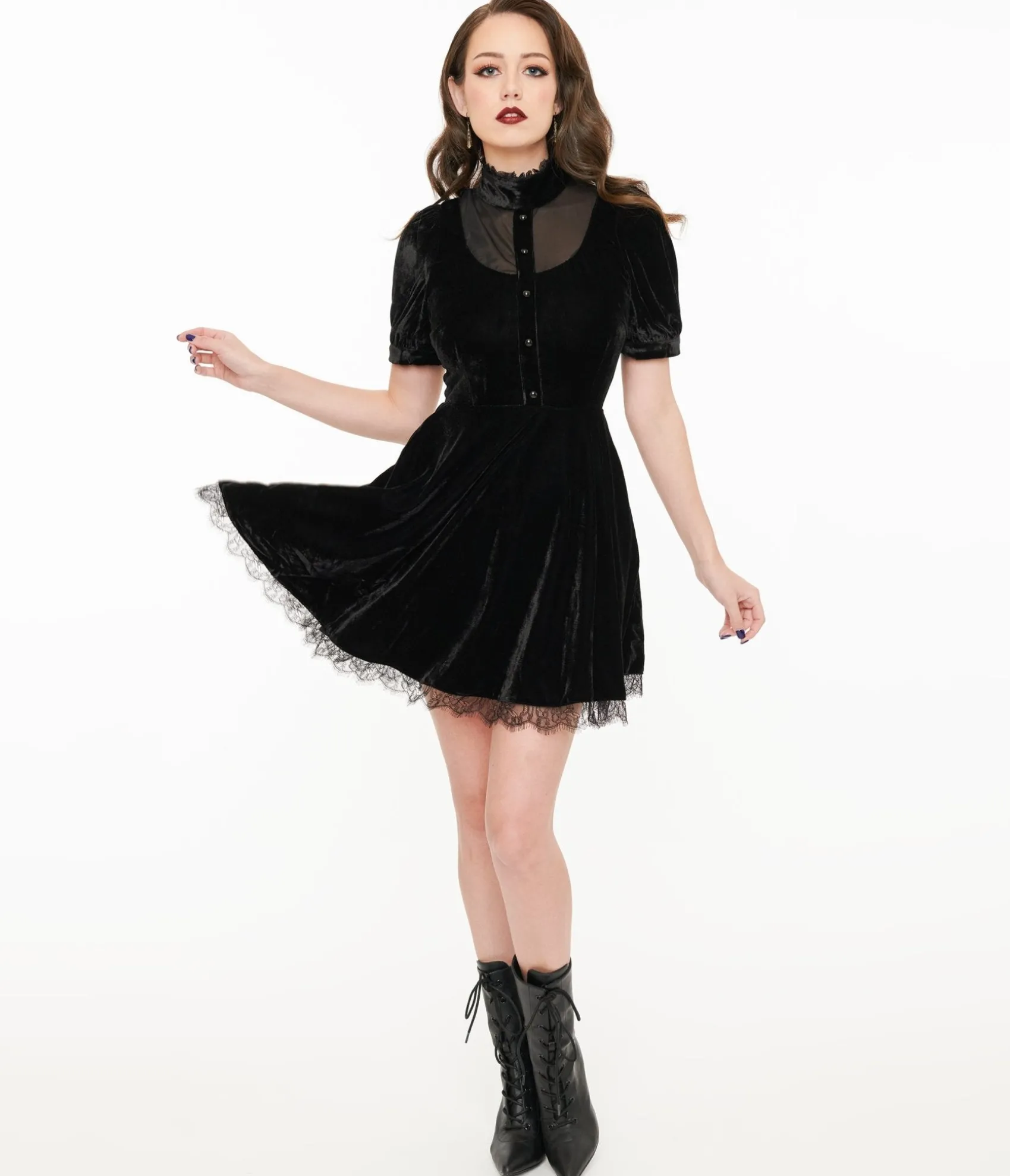 Unique Vintage Black Velvet Victoria Goth Fit & Flare Dress Sale