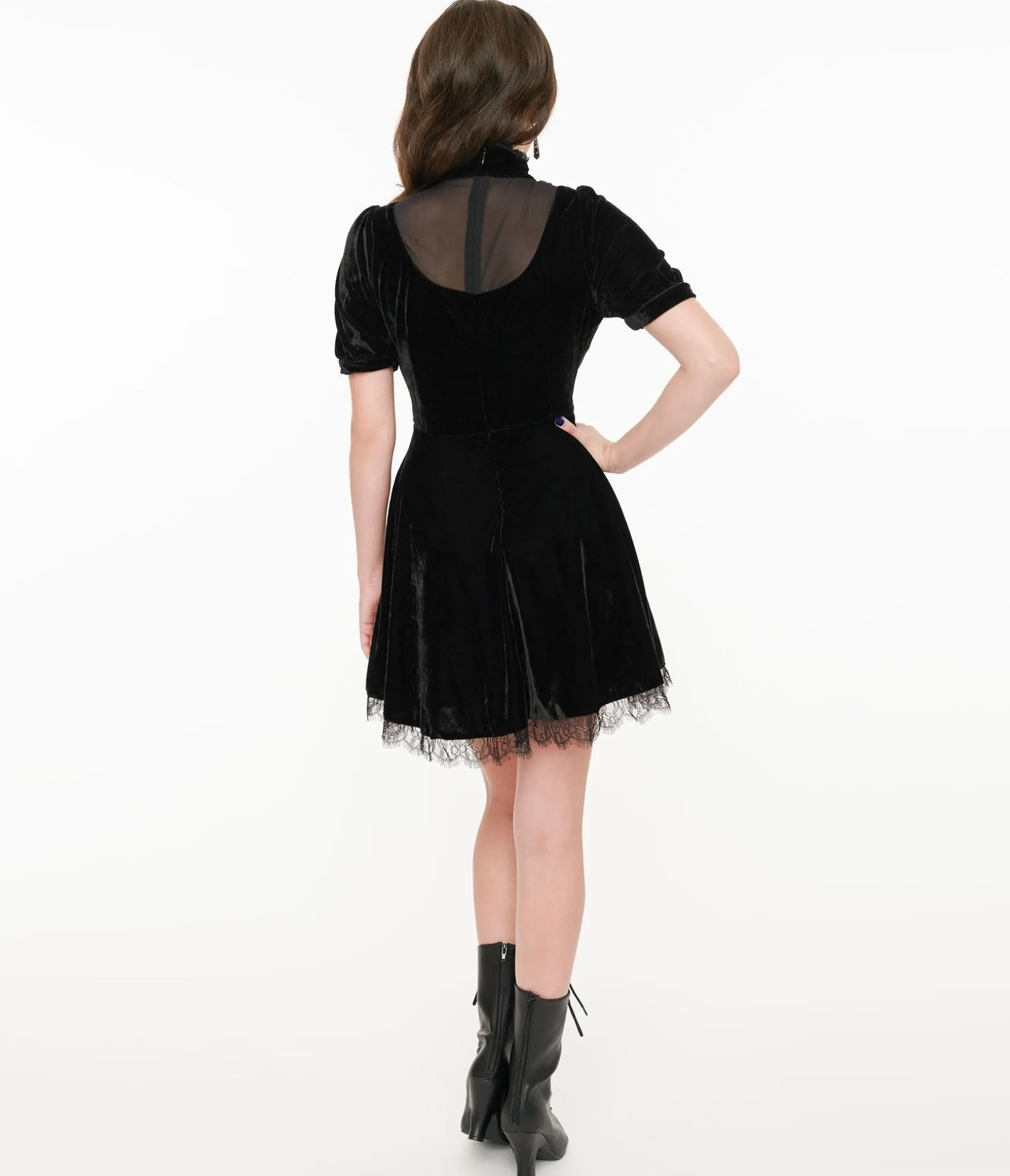 Unique Vintage Black Velvet Victoria Goth Fit & Flare Dress Sale
