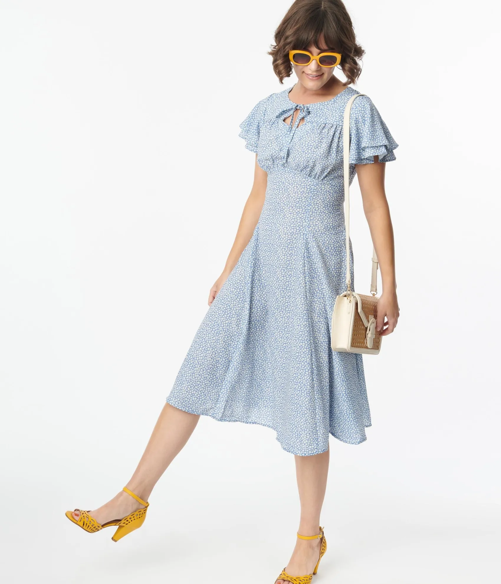 Unique Vintage Blue & White Floral Print Lydia Swing Dress Sale