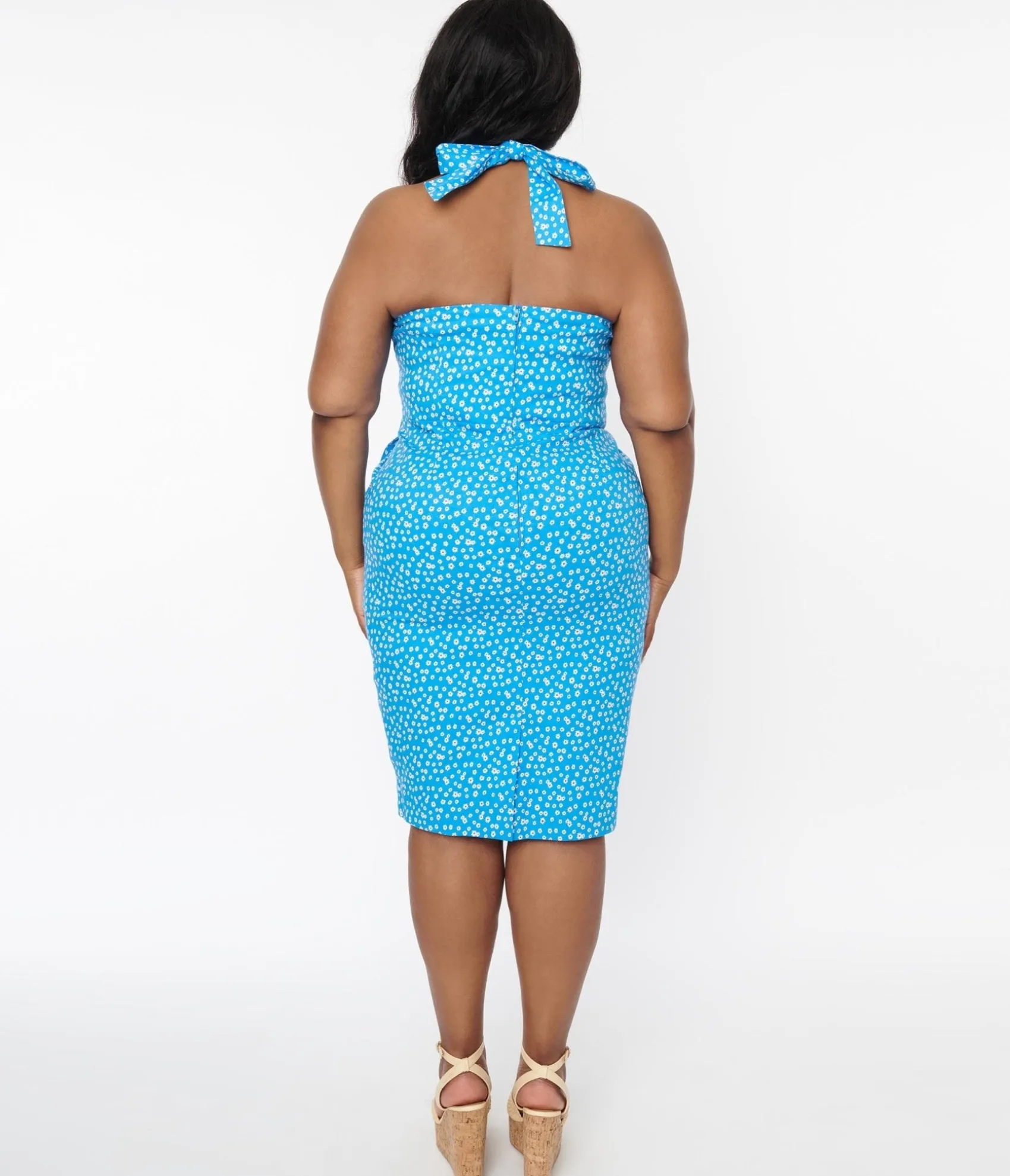 Unique Vintage Blue & White Floral Wiggle Dress Hot