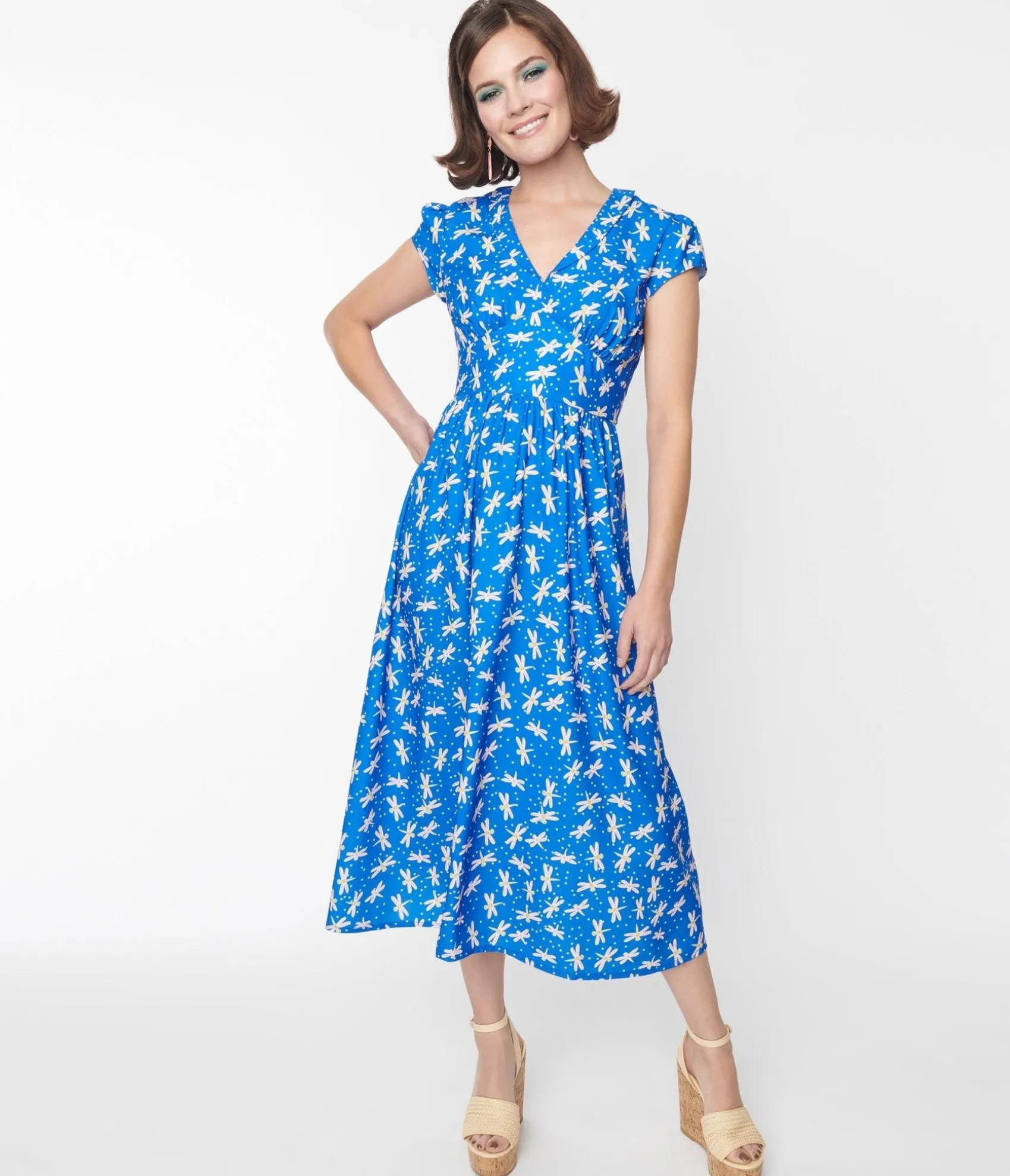 Unique Vintage Blue Dragonfly Heather Midi Dress Store