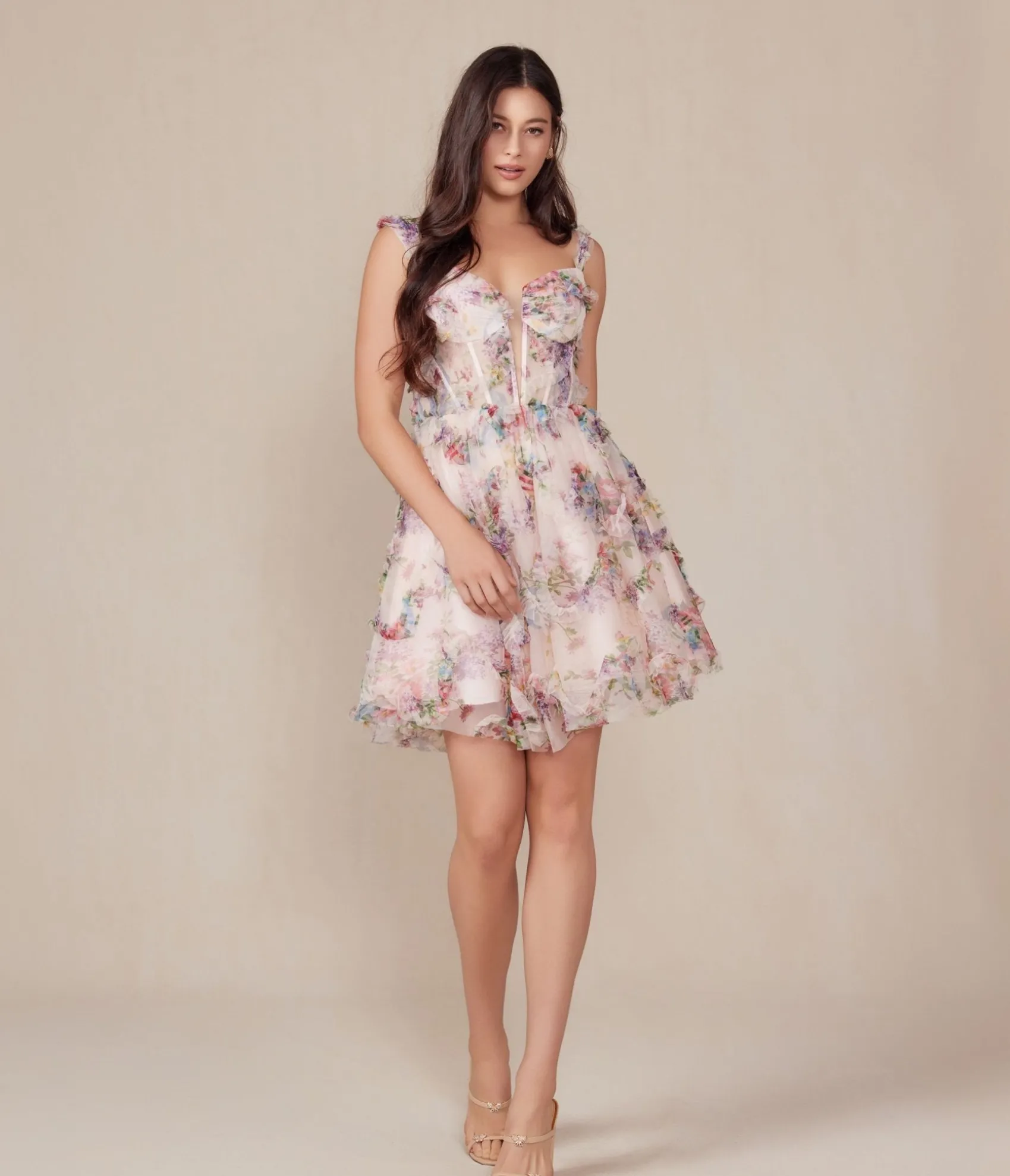 Unique Vintage Blush Floral Print A-Line Mini Prom Dress Online