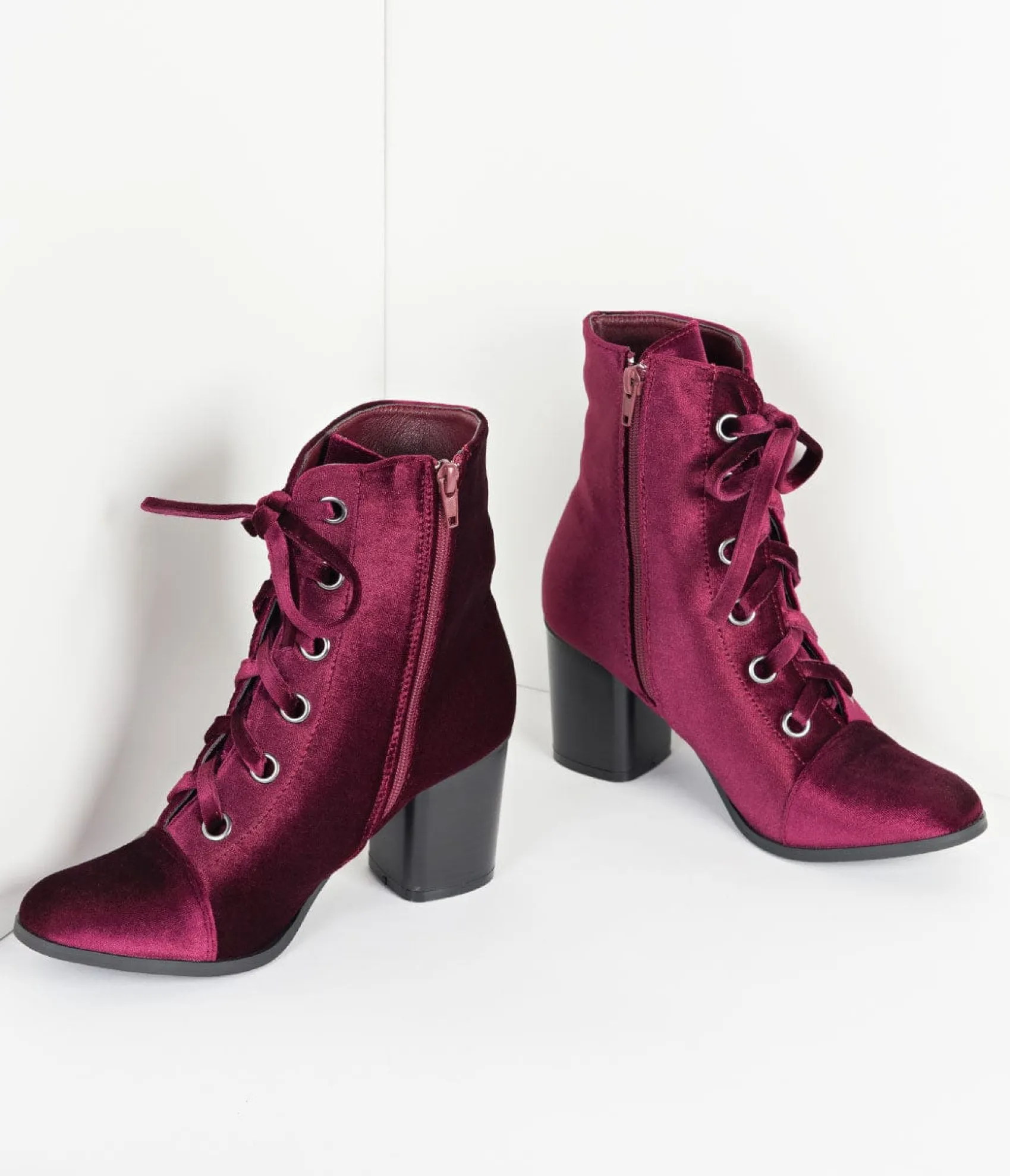 Unique Vintage Bordeaux Purple Velvet Lace Up Bootie Clearance