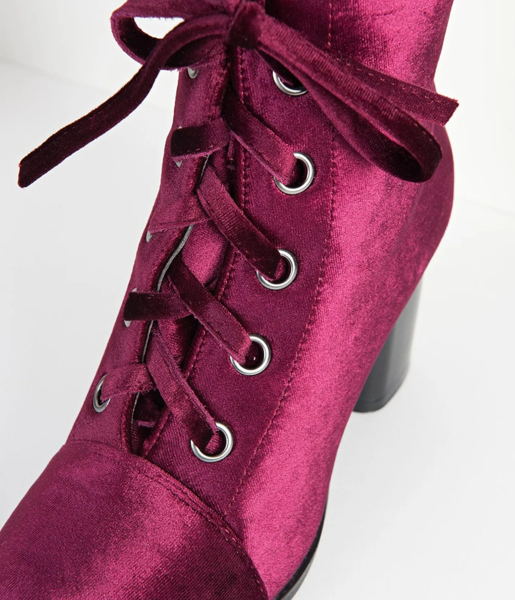 Unique Vintage Bordeaux Purple Velvet Lace Up Bootie Clearance