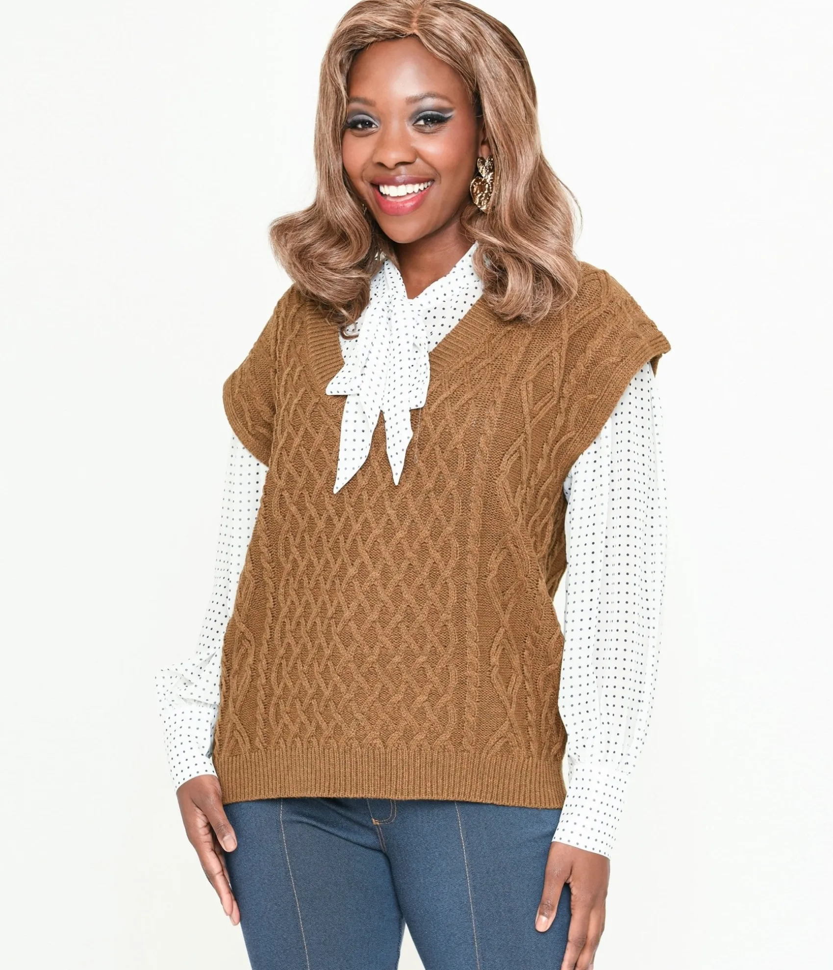 Unique Vintage Brown Cable Knit Sweater Vest Sale