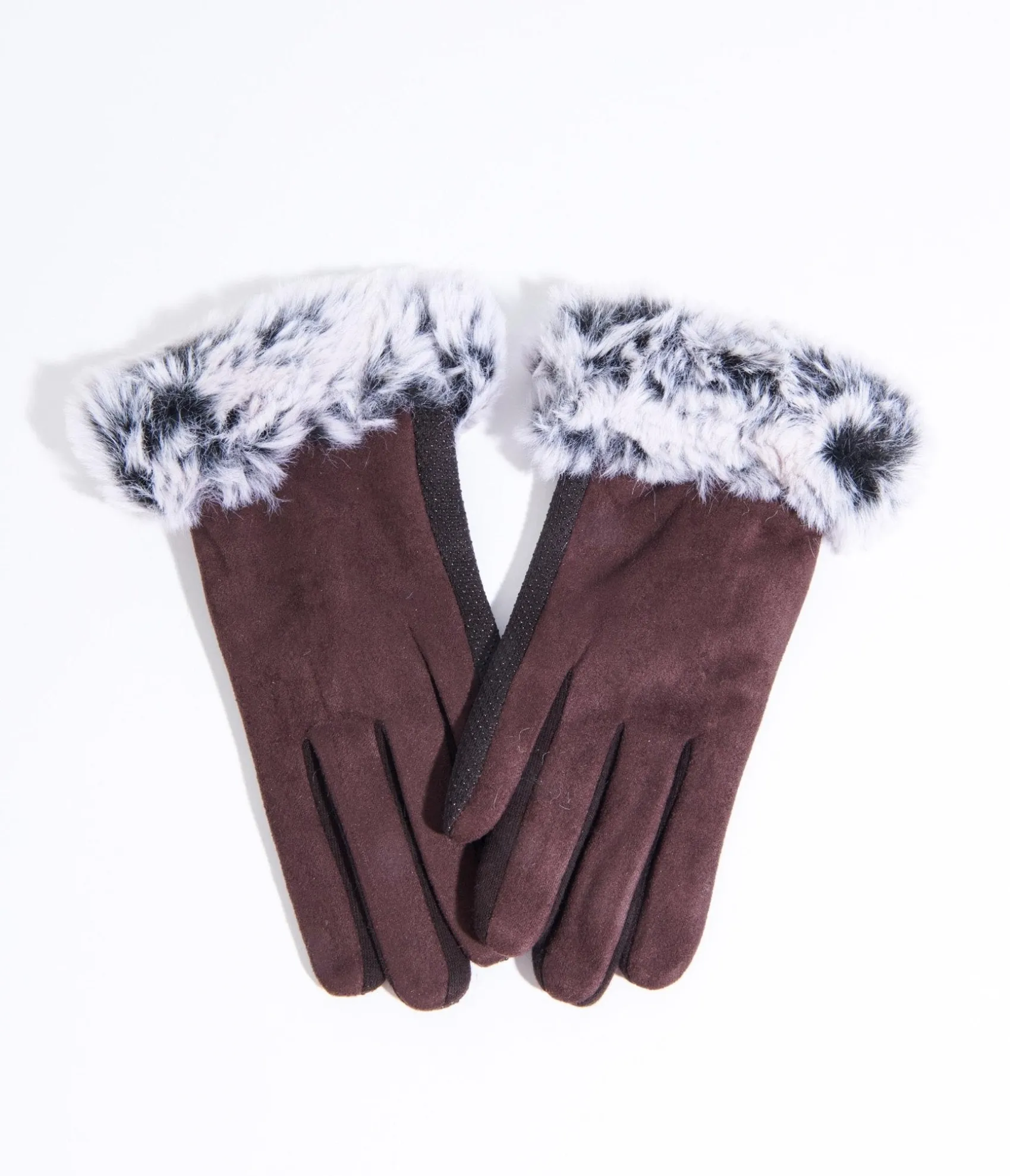 Unique Vintage Brown Suede & Grey Faux Fur Gloves Hot