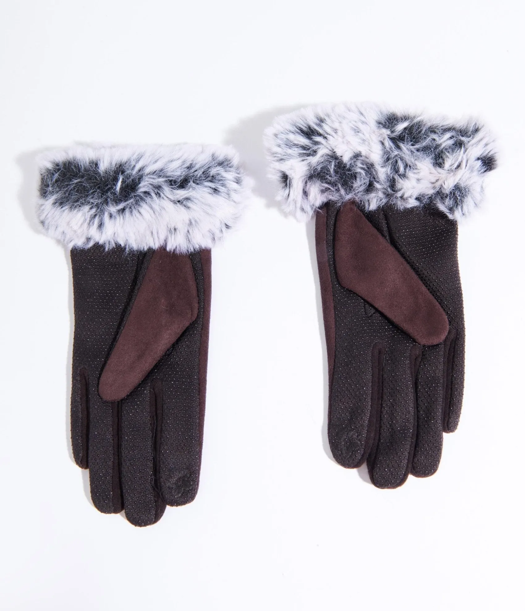 Unique Vintage Brown Suede & Grey Faux Fur Gloves Hot