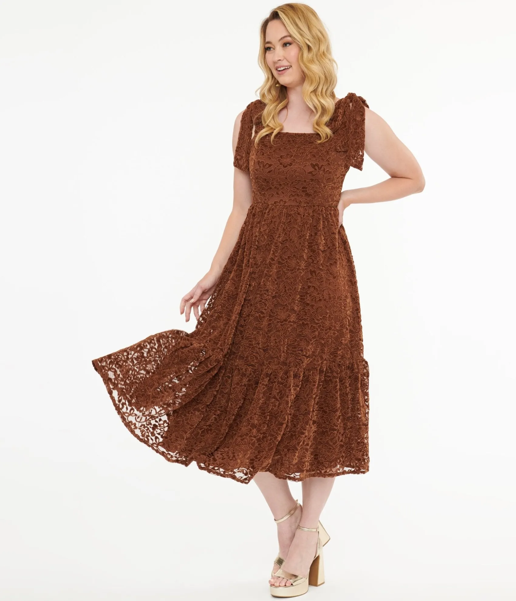 Unique Vintage Brown Velvet Lace Midi Dress Best Sale
