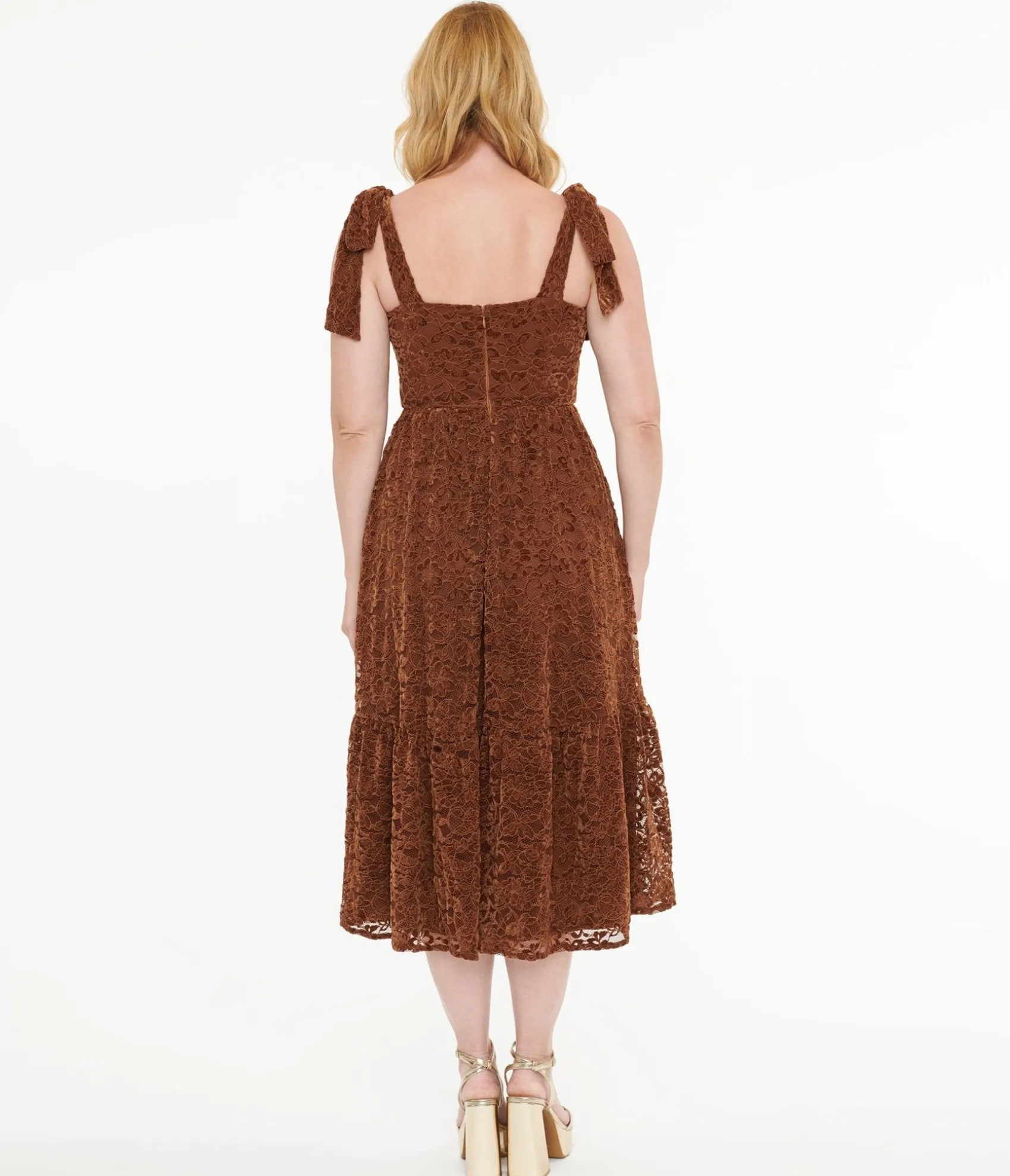 Unique Vintage Brown Velvet Lace Midi Dress Best Sale
