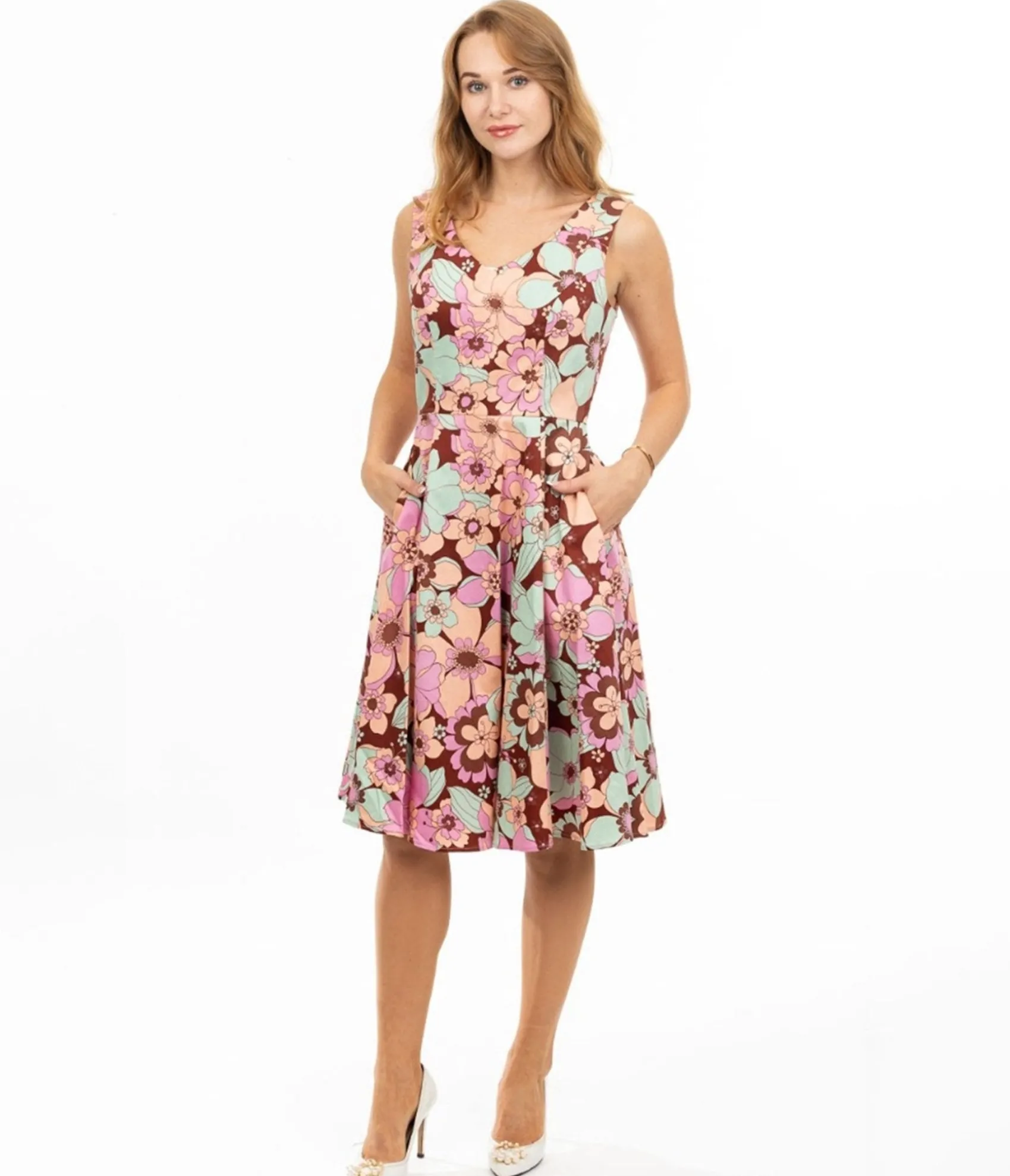 Unique Vintage Burgundy & Pastel Florals Swing Dress Outlet