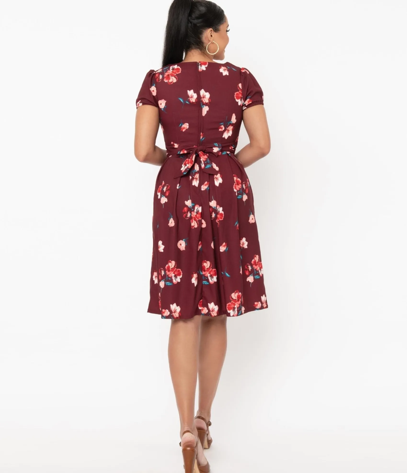 Unique Vintage Burgundy & Pink Floral Tilly Swing Dress Cheap