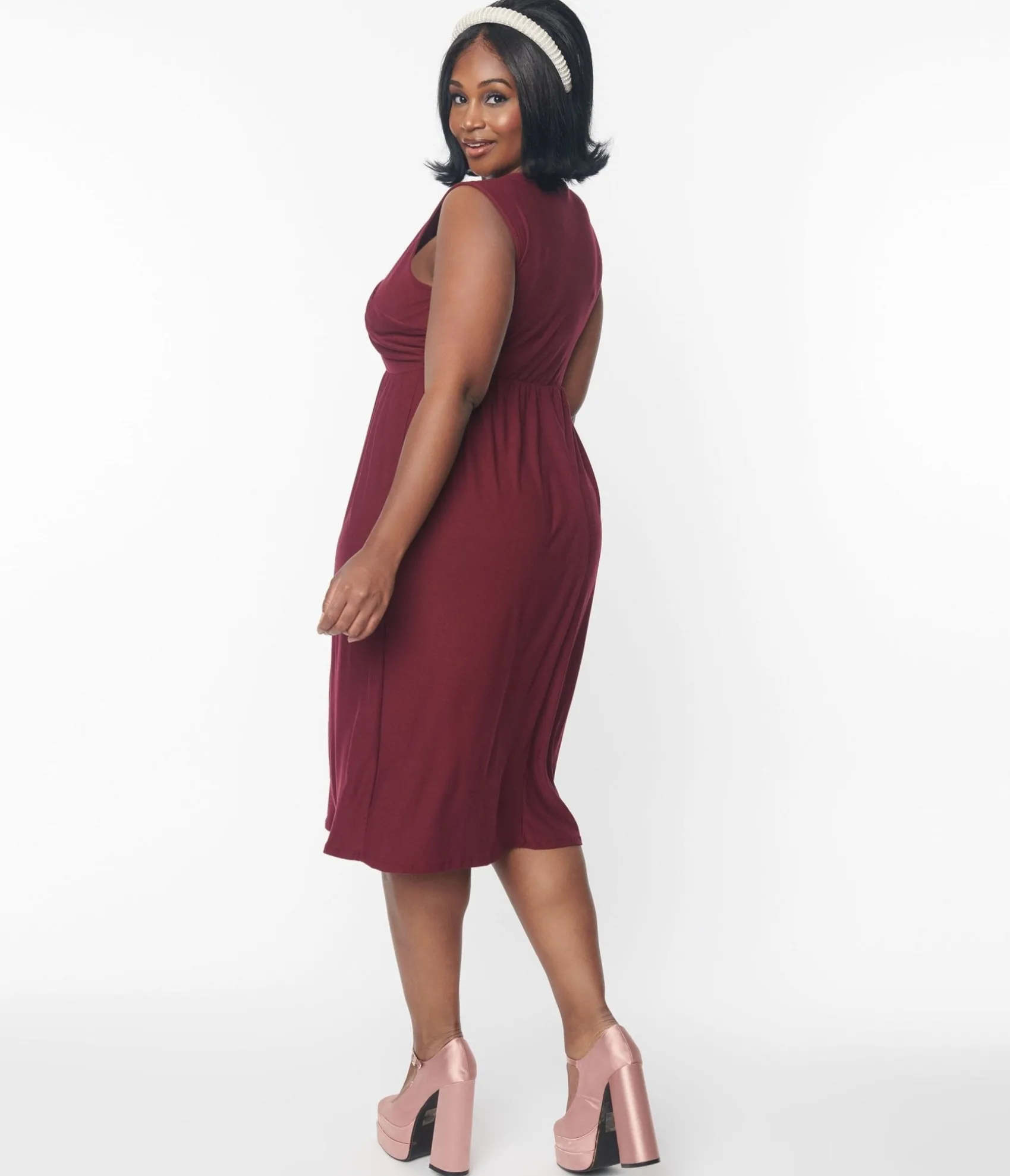 Unique Vintage Burgundy Cross-Over Bodice Midi Dress Outlet