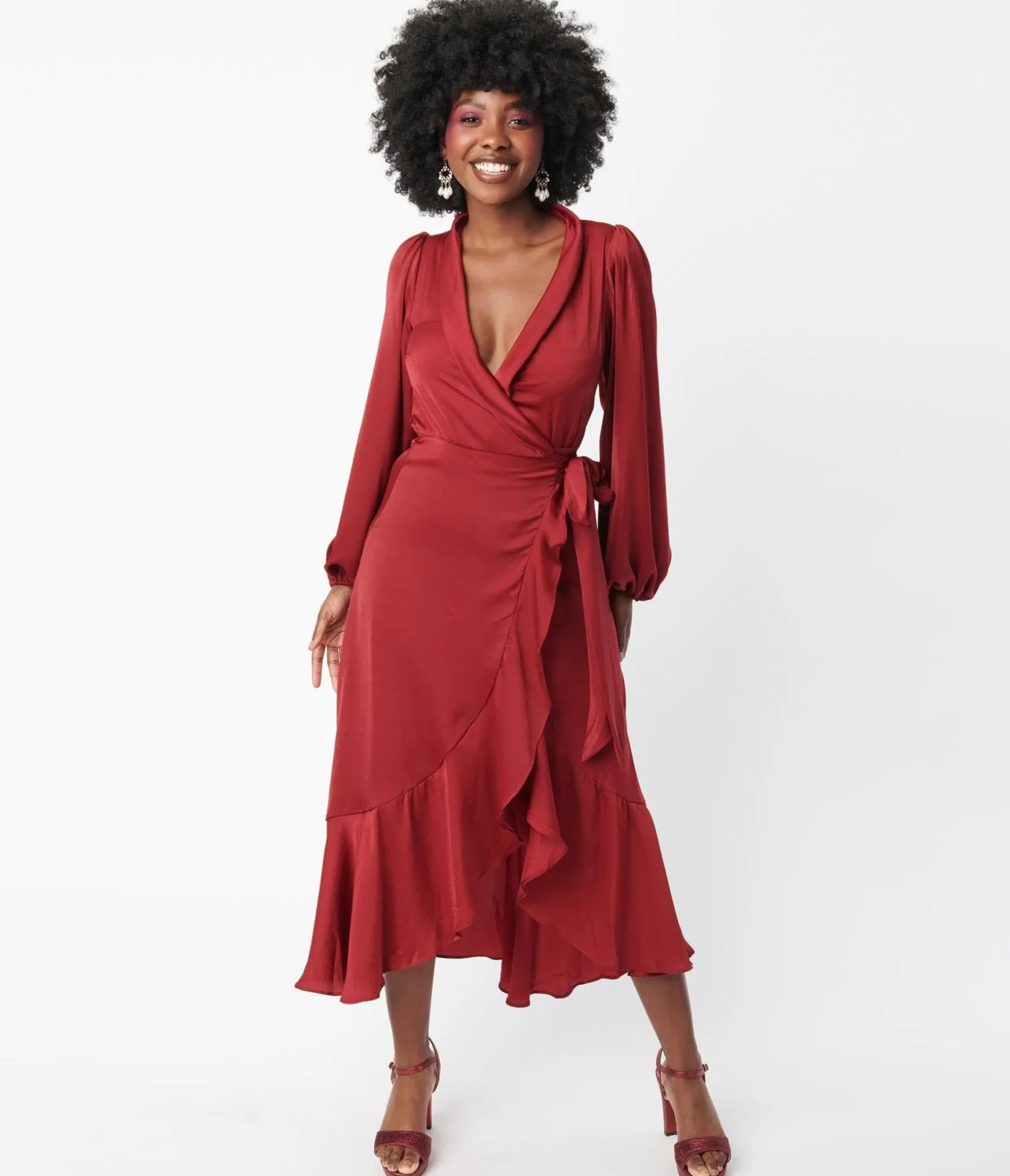 Unique Vintage Burgundy Ruffle Midi Wrap Dress Best Sale