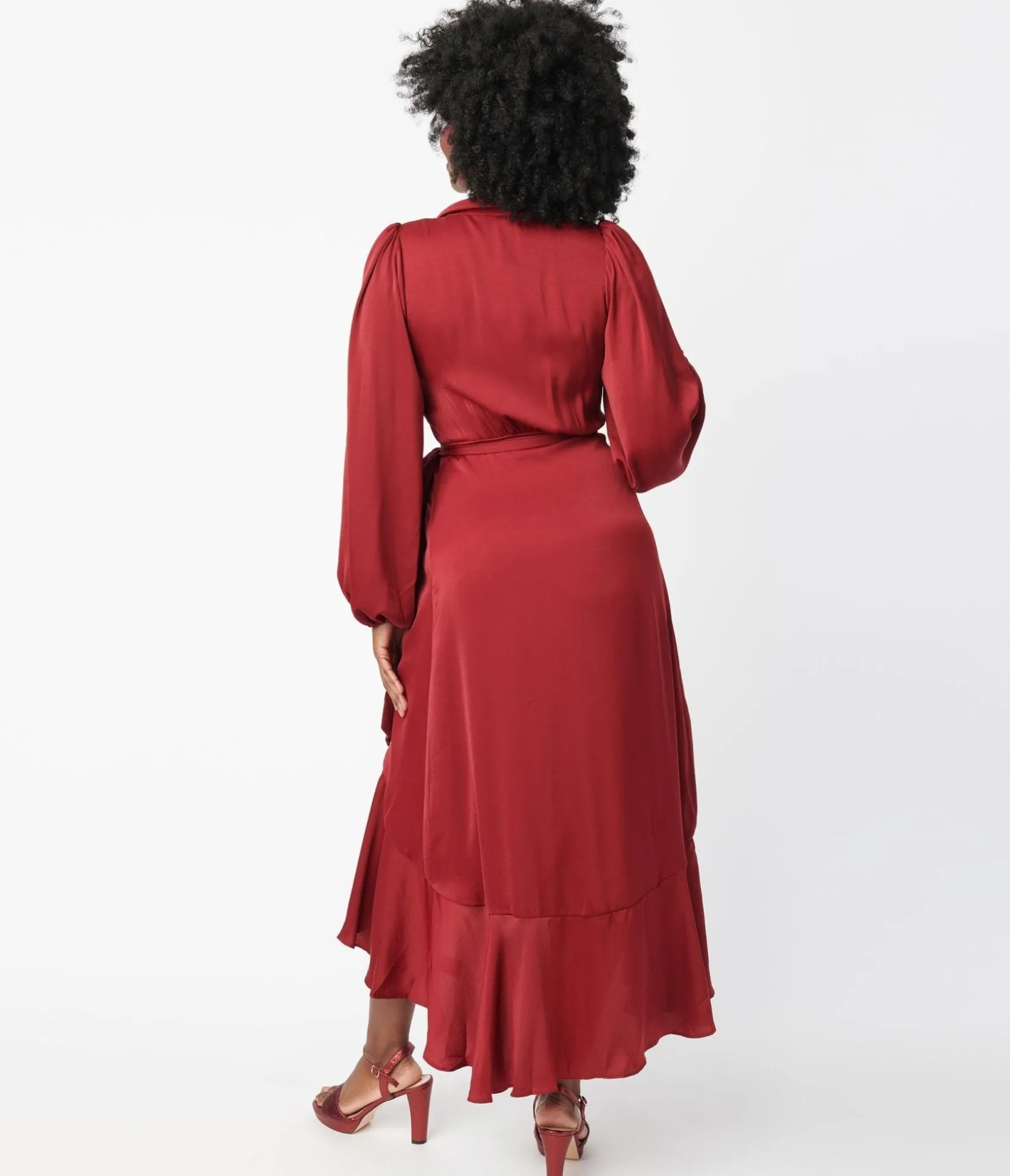 Unique Vintage Burgundy Ruffle Midi Wrap Dress Best Sale