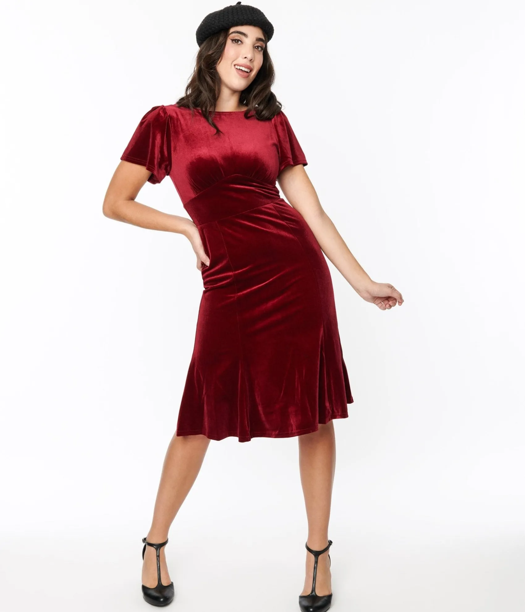 Unique Vintage Burgundy Velvet Midi Shift Dress Discount