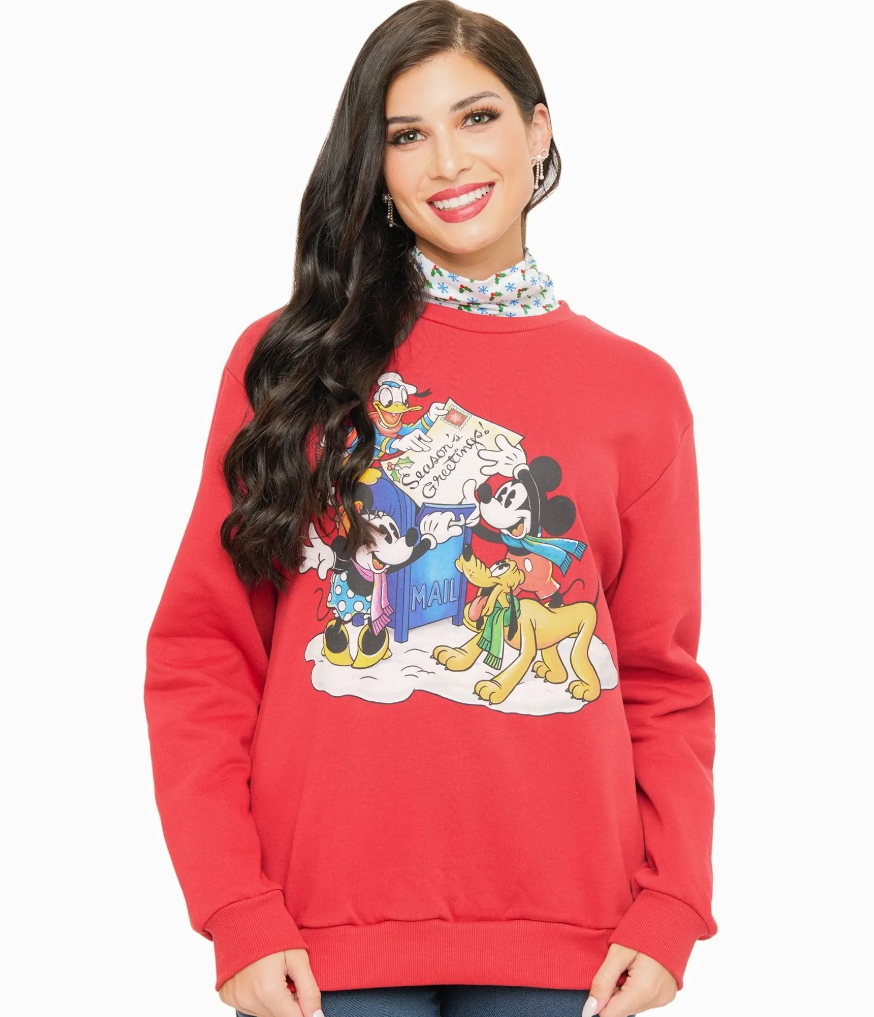 Unique Vintage Cakeworthy Red Mickey & Minnie Seasons Greetings Sweatshirt Hot