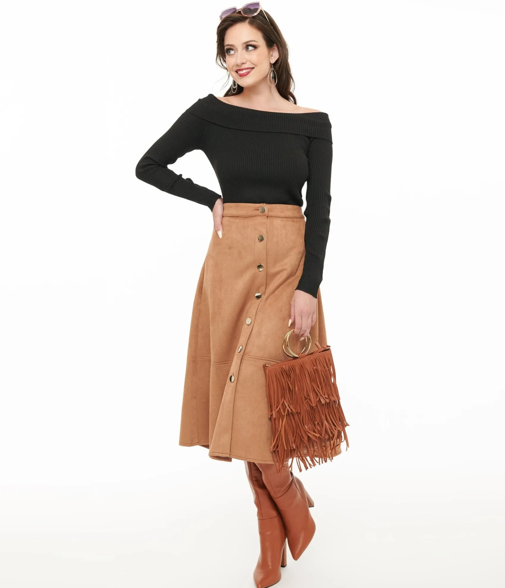 Unique Vintage Camel Suede Button Up Midi Skirt Flash Sale