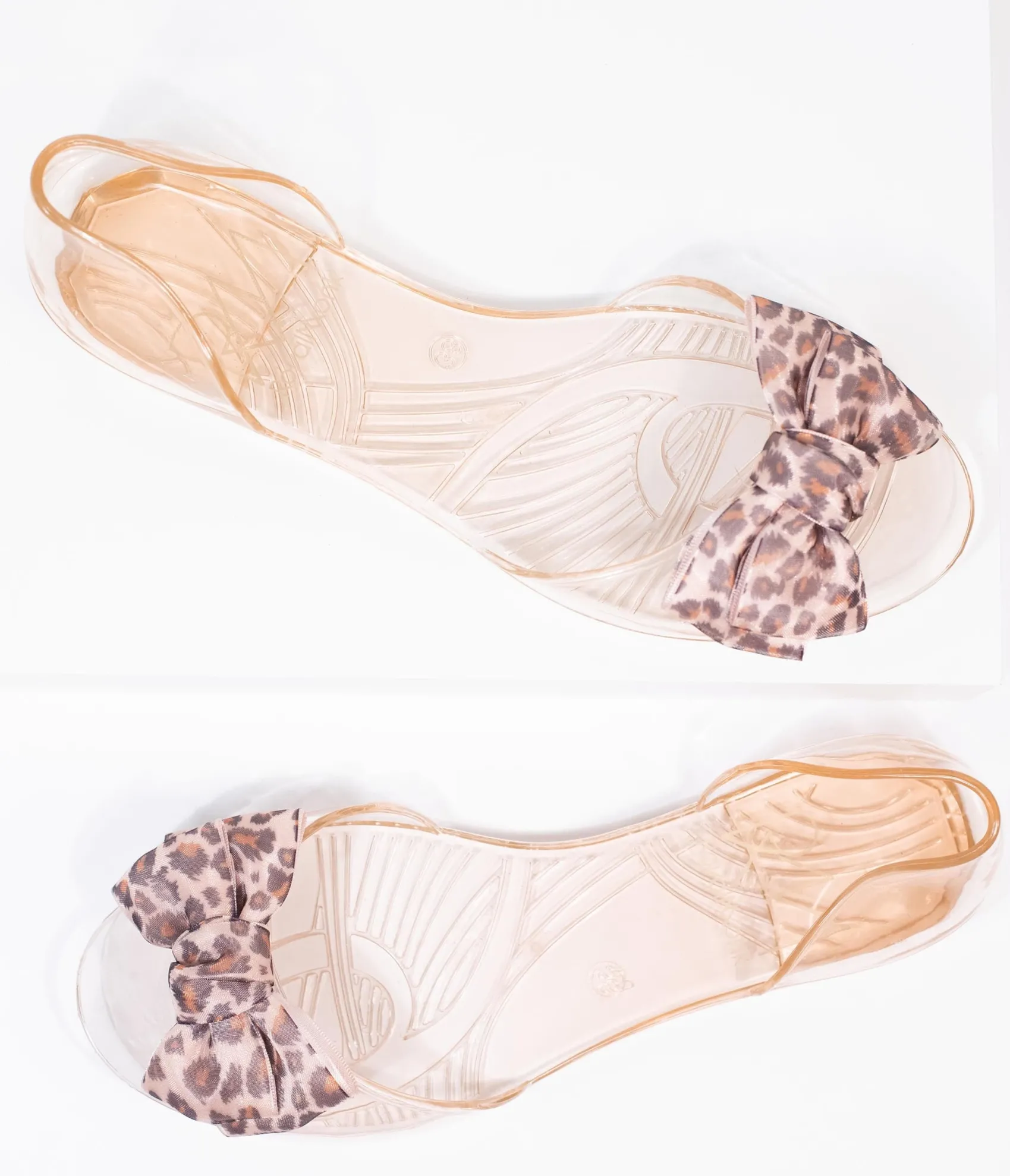 Unique Vintage Champagne Jelly & Leopard Bow Peep Toe Selena Flats Hot